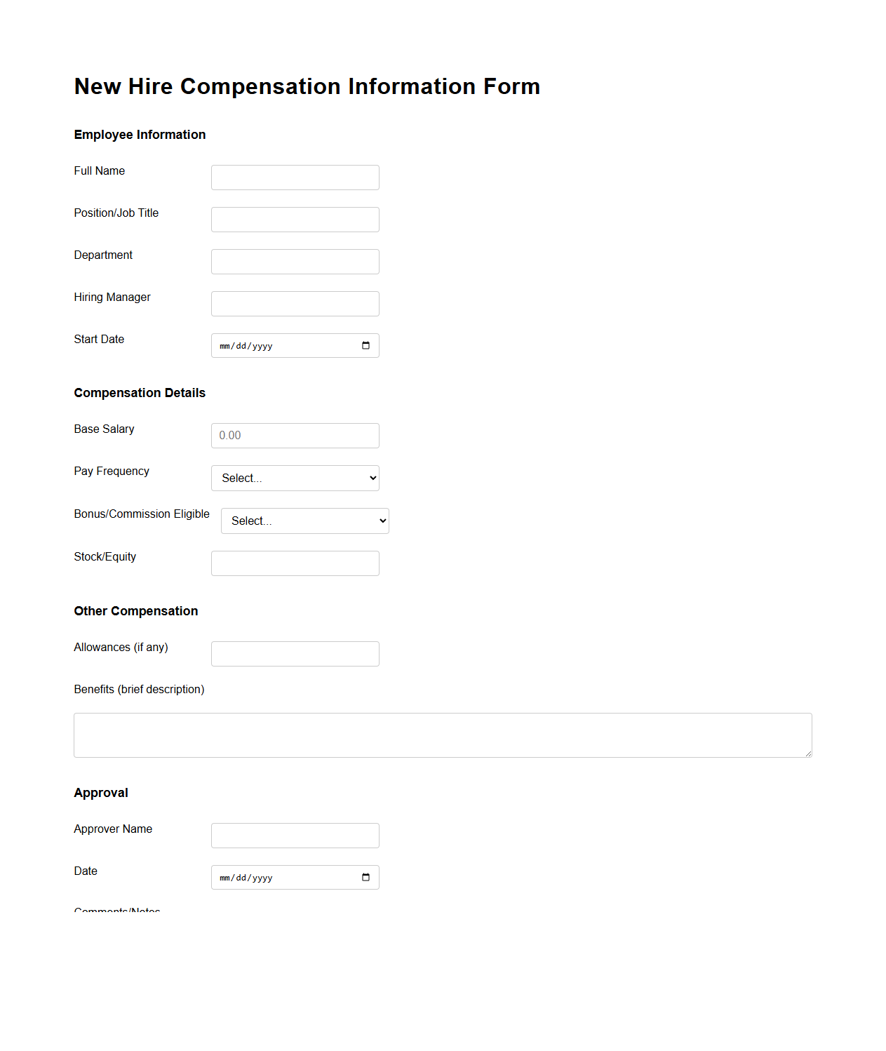 New Hire Compensation Information Form