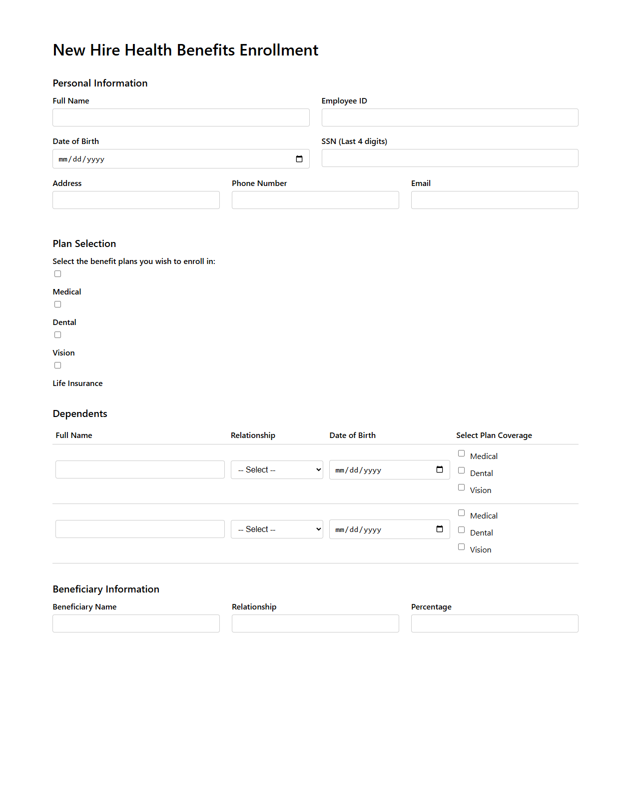 New Hire Health Benefits Enrollment Document