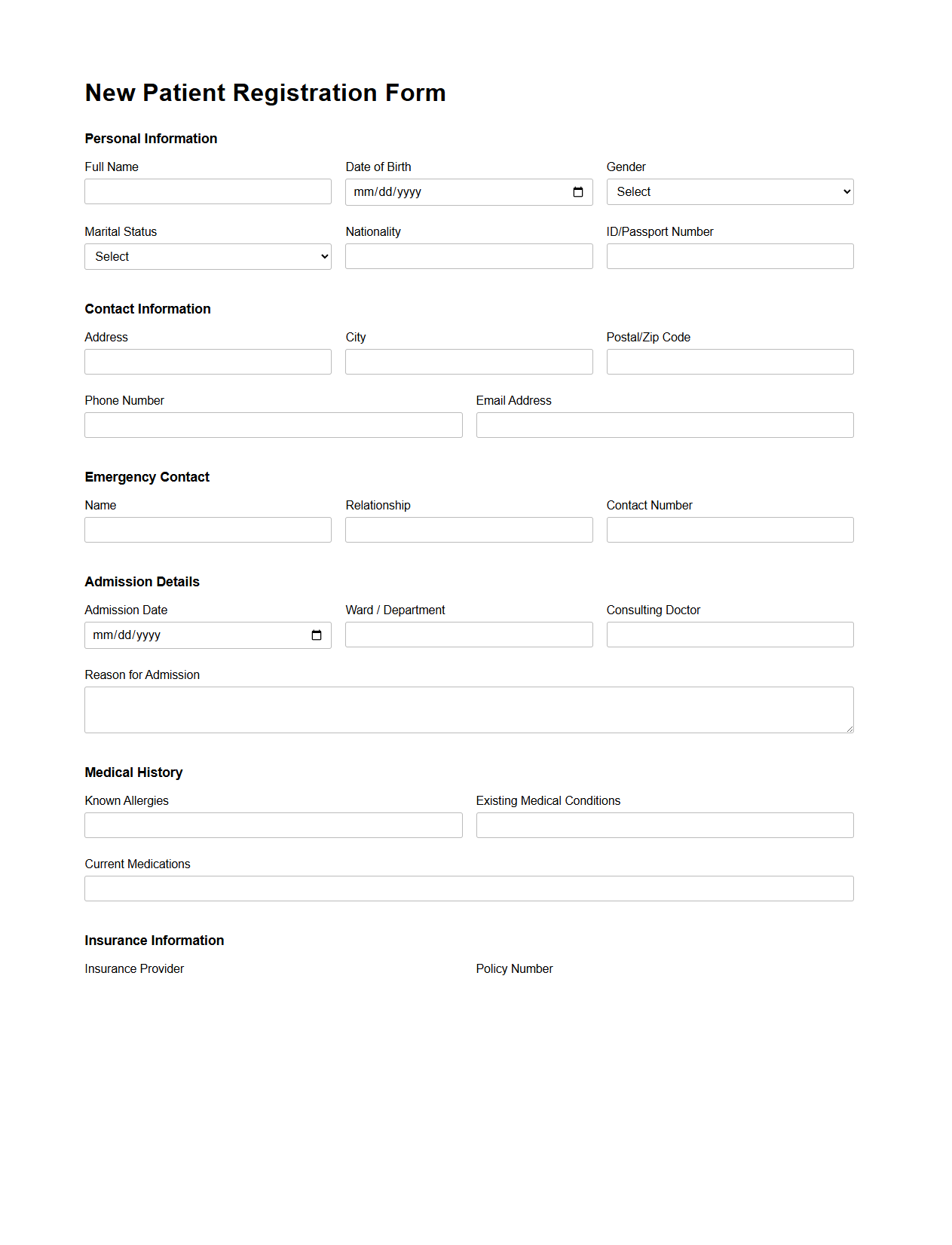 New Patient Registration Form for Hospital Admission