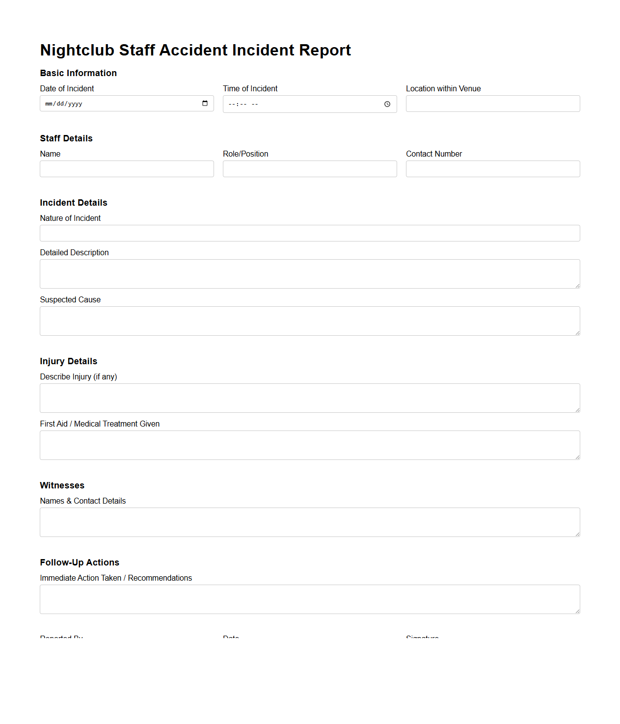 Nightclub Staff Accident Incident Report Format