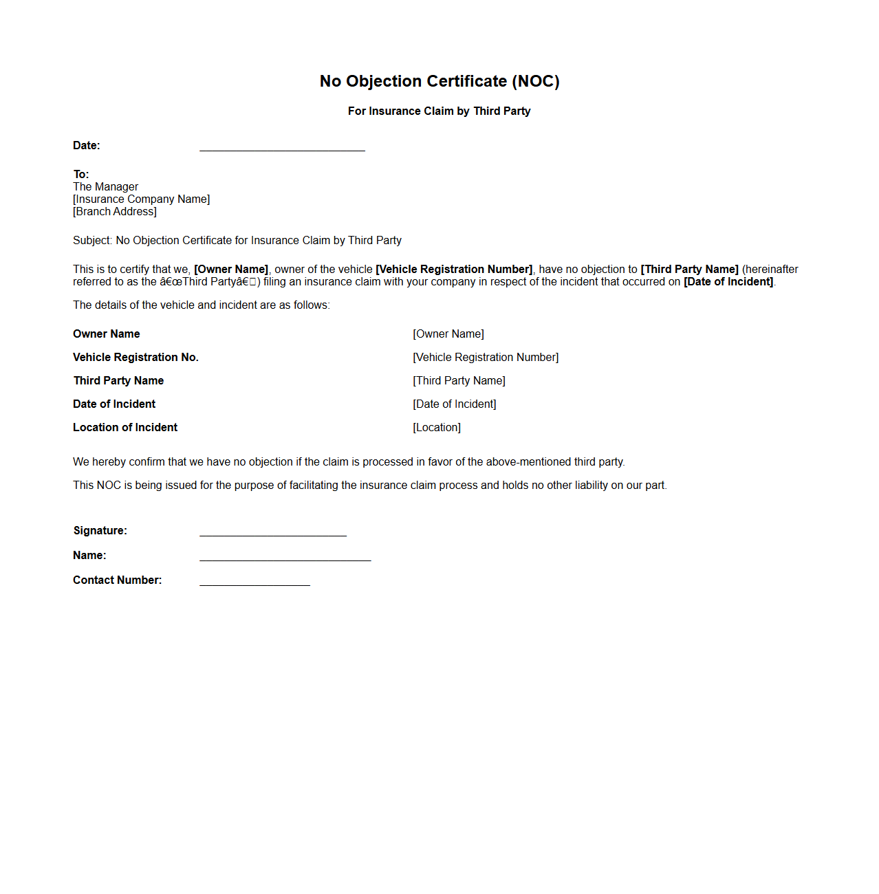 NOC Example for Insurance Claim by Third Party