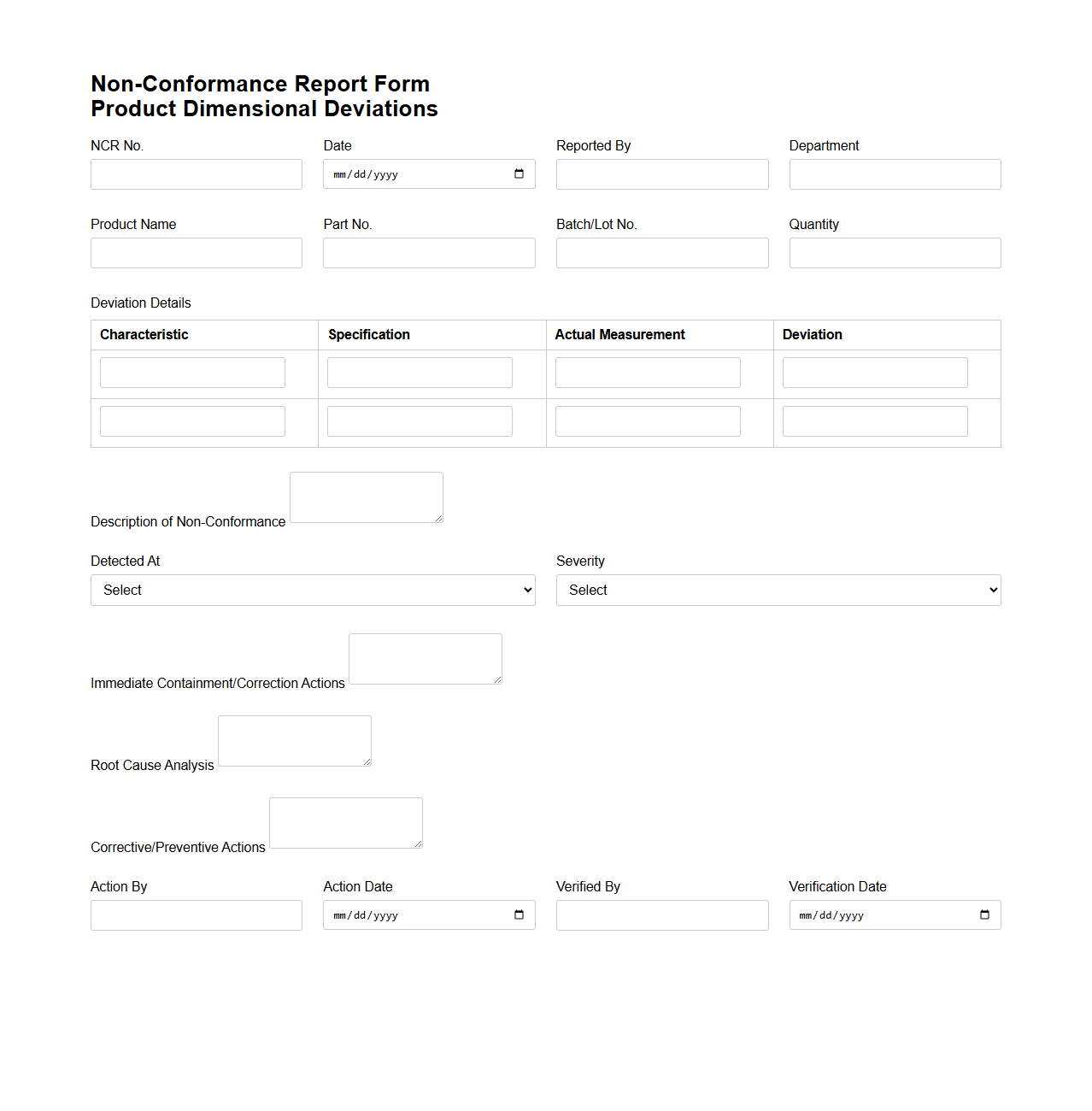 Non-Conformance Report Form for Product Dimensional Deviations