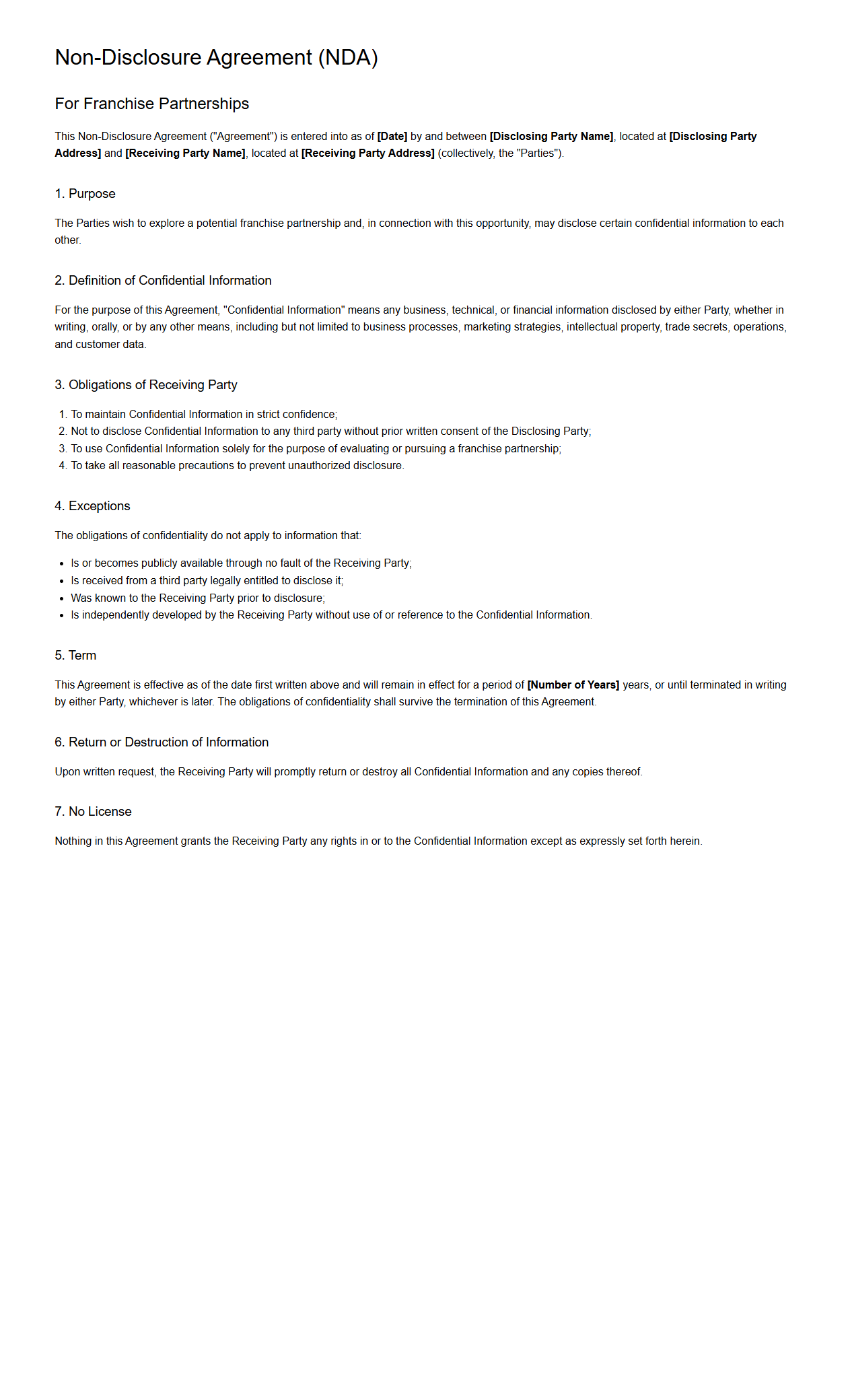 Non-Disclosure Agreement for Franchise Partnerships