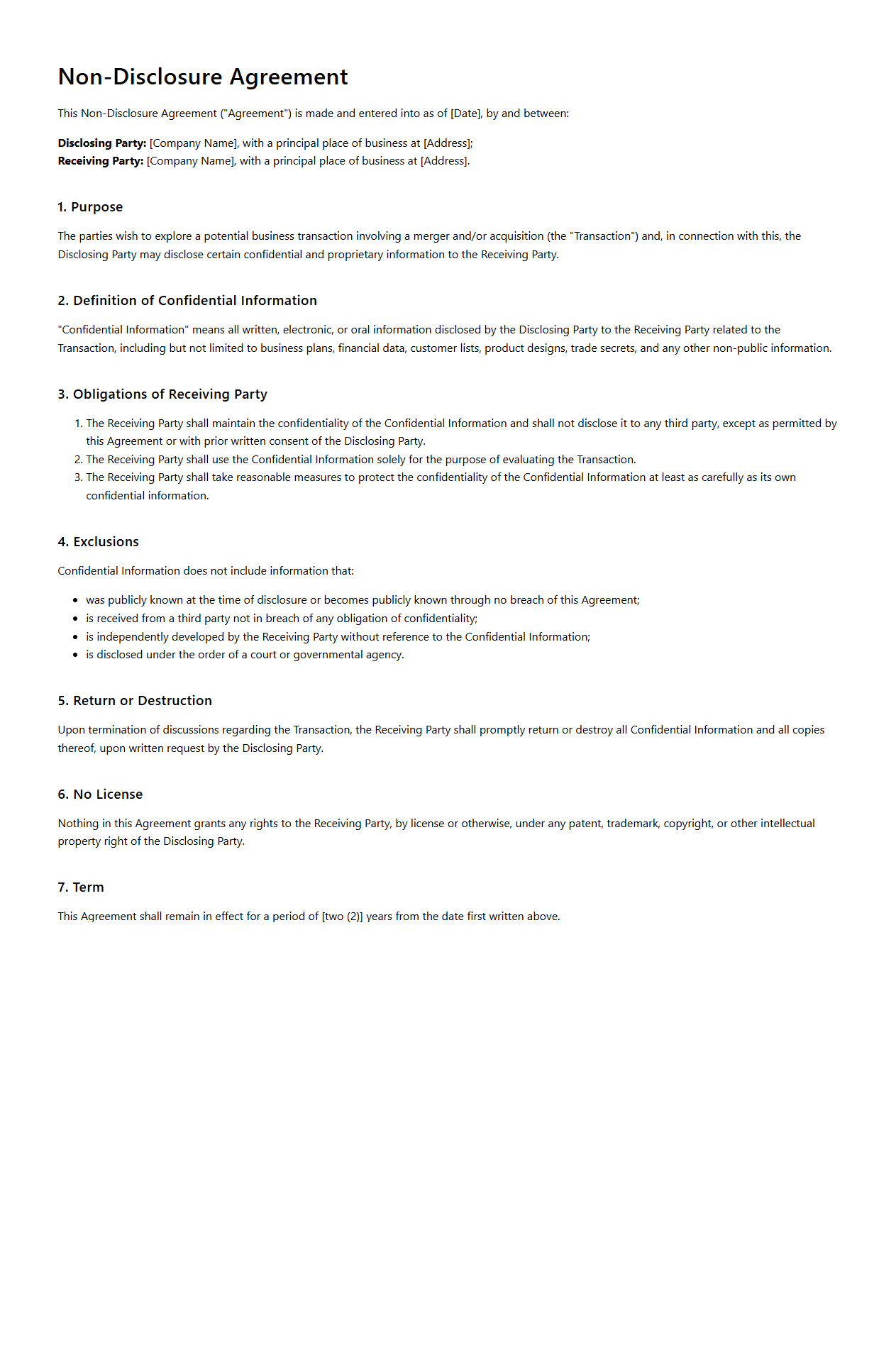 Non-Disclosure Agreement for Mergers and Acquisitions