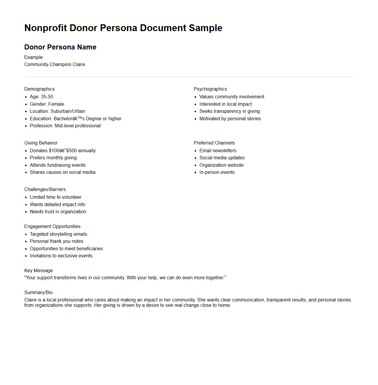 Nonprofit Donor Persona Document Sample for Fundraising Strategy