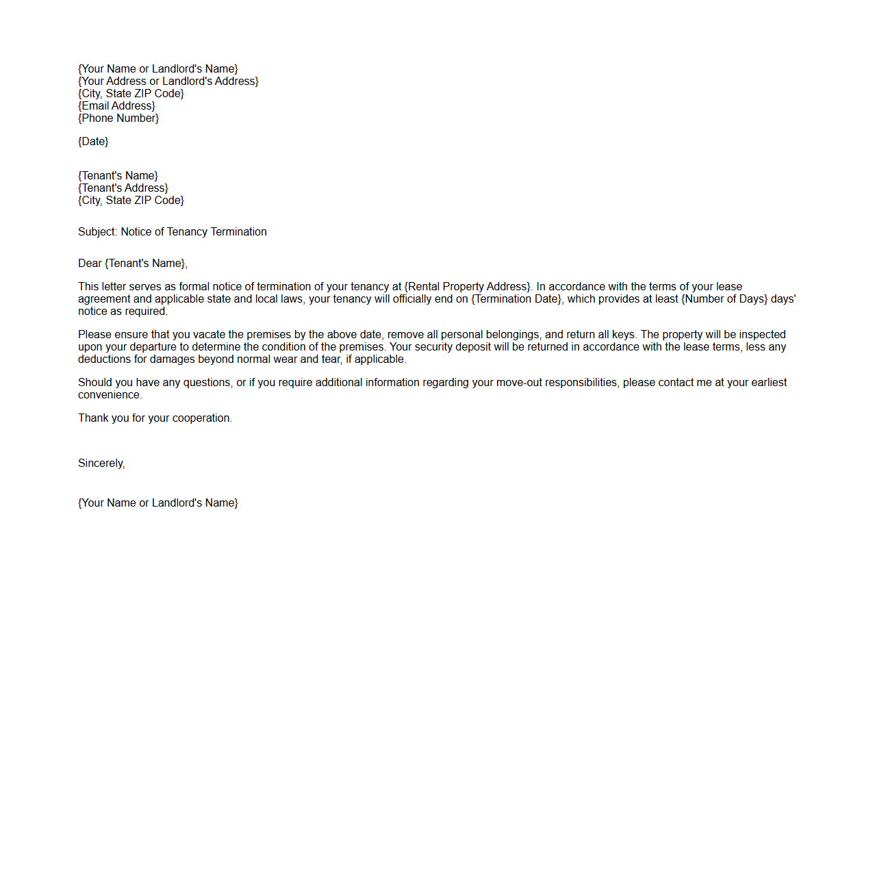 Notice of Tenancy Termination Letter Sample