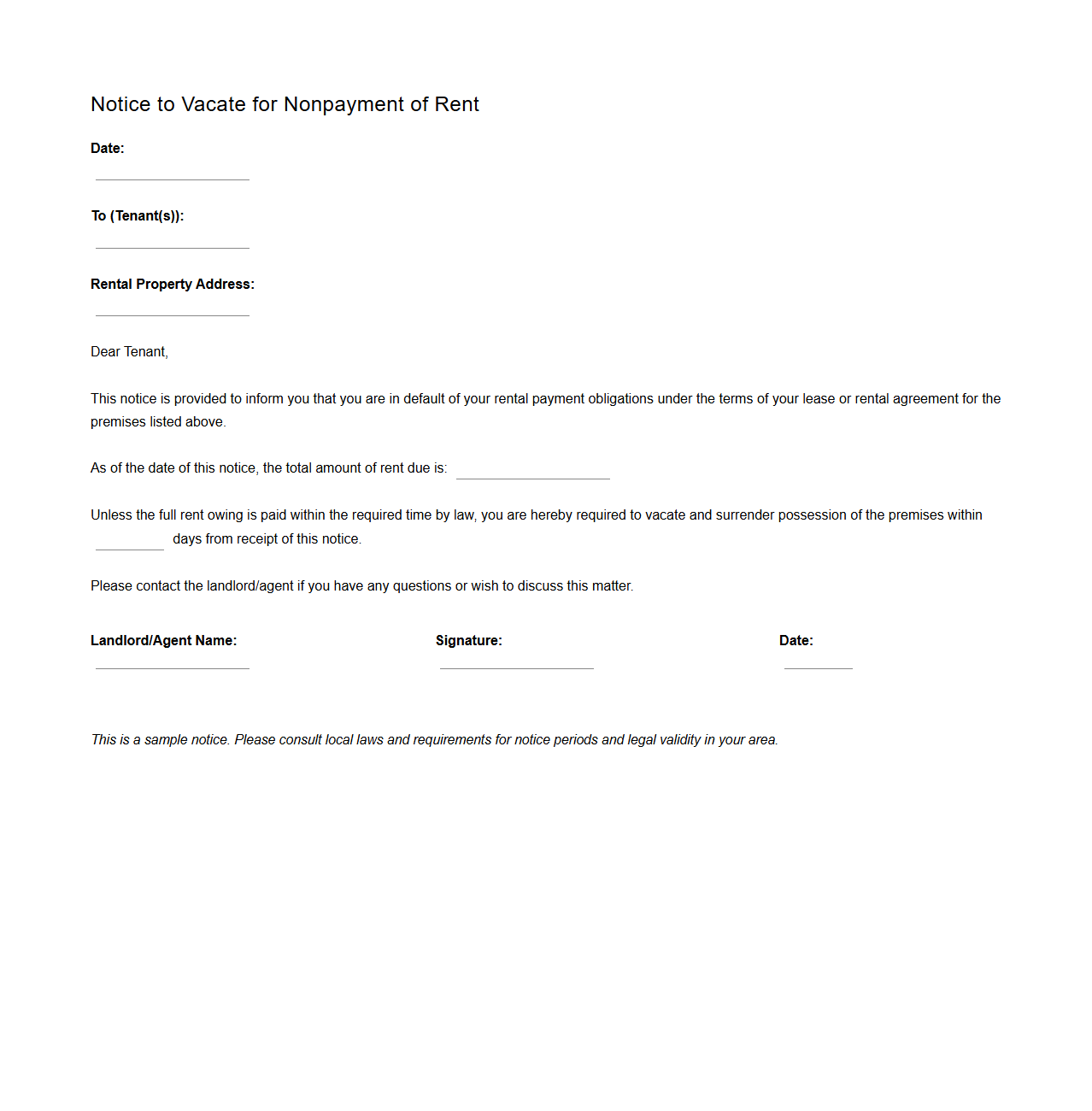 Notice to Vacate for Nonpayment of Rent