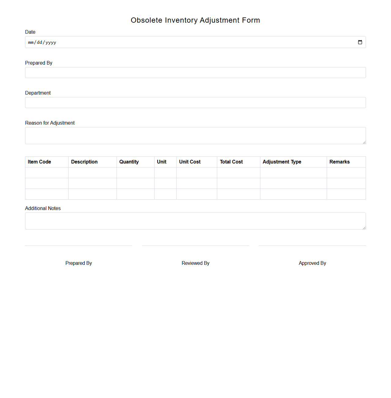 Obsolete Inventory Adjustment Form