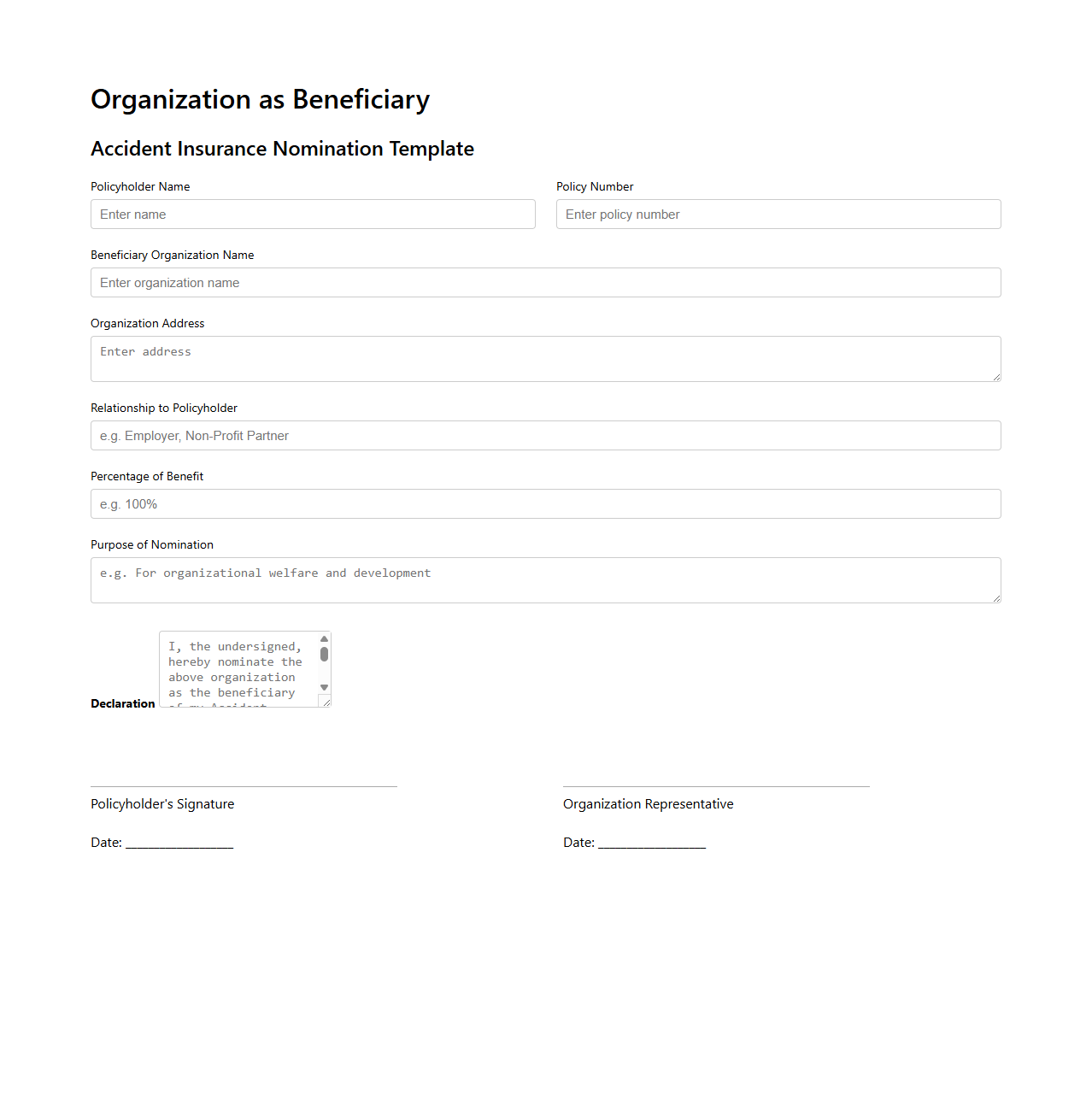 Organization as Beneficiary Template for Accident Insurance
