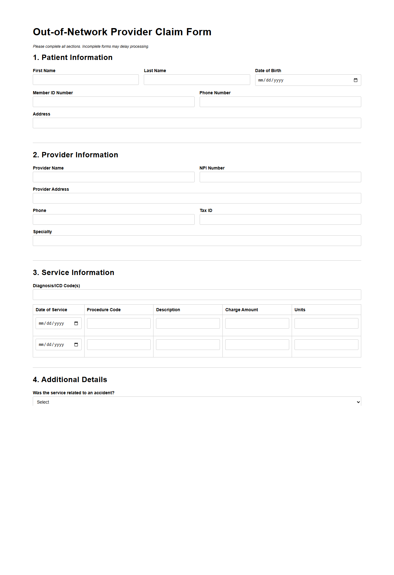 Out-of-Network Provider Claim Form Example