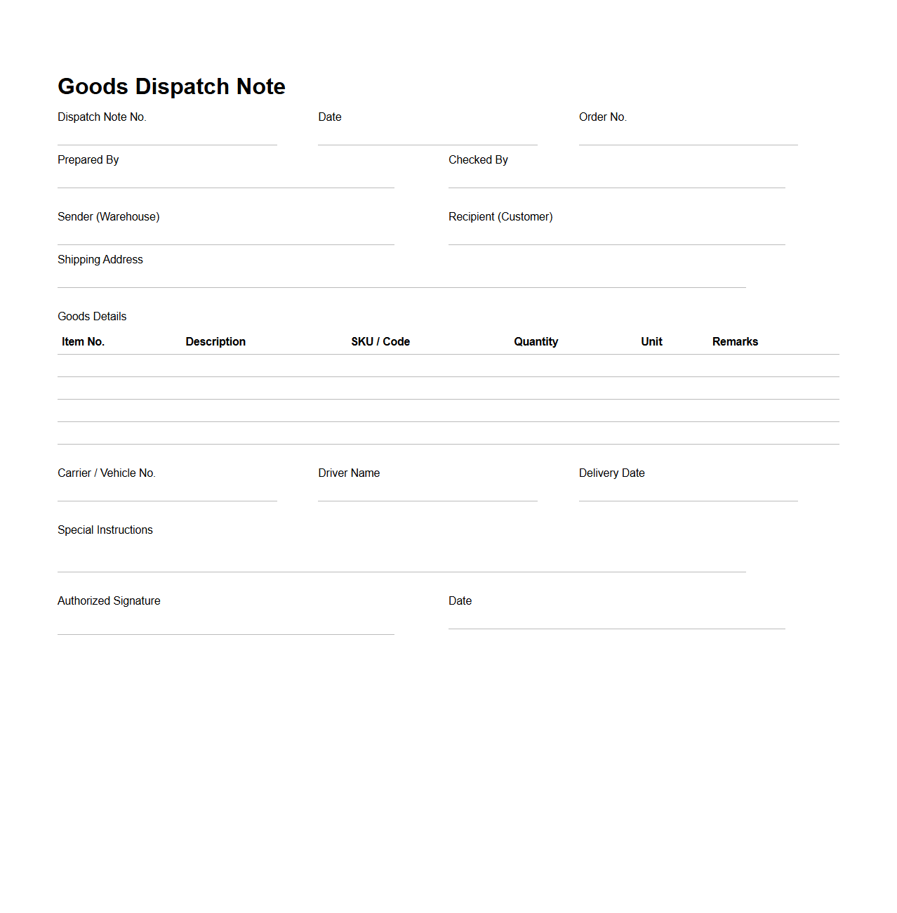 Outbound Logistics Goods Dispatch Note Example for Order Shipments