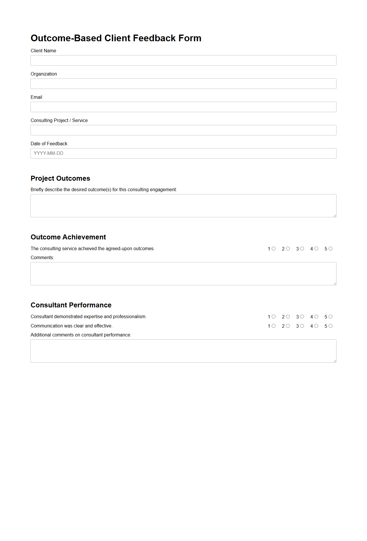 Outcome-Based Client Feedback Form for Consulting Services
