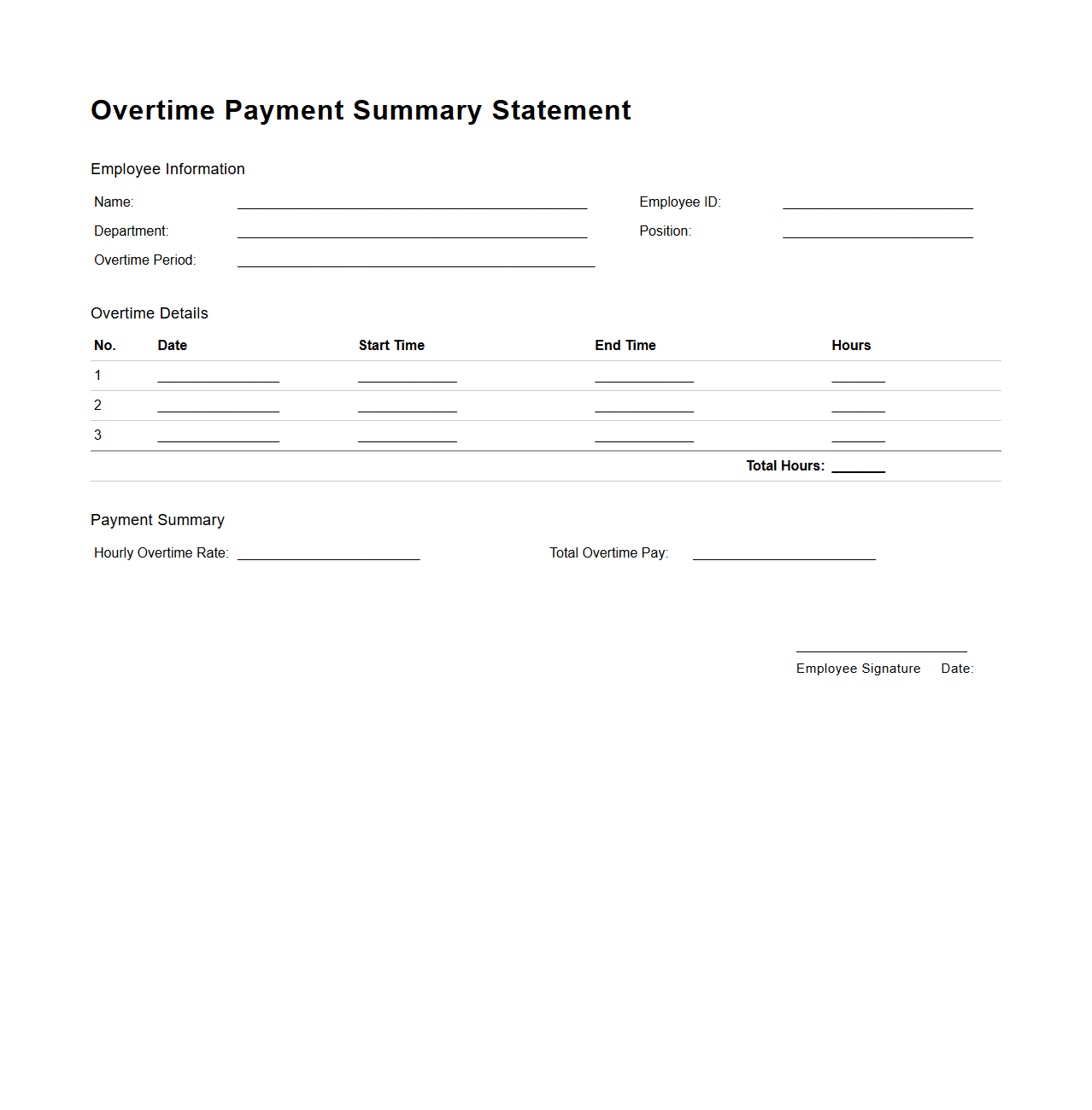 Overtime Payment Summary Statement