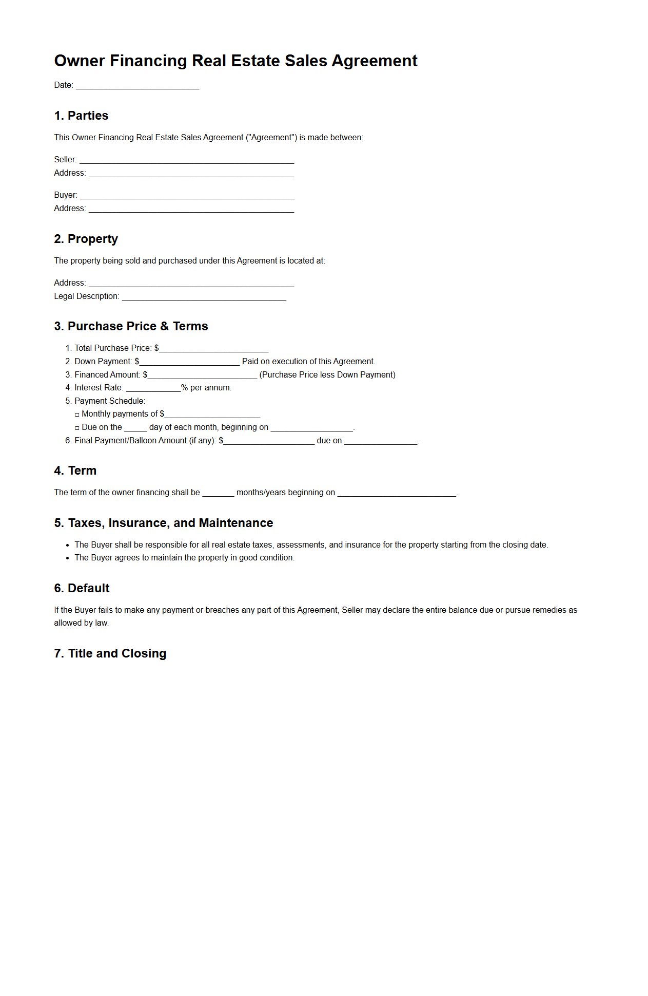 Owner Financing Real Estate Sales Agreement