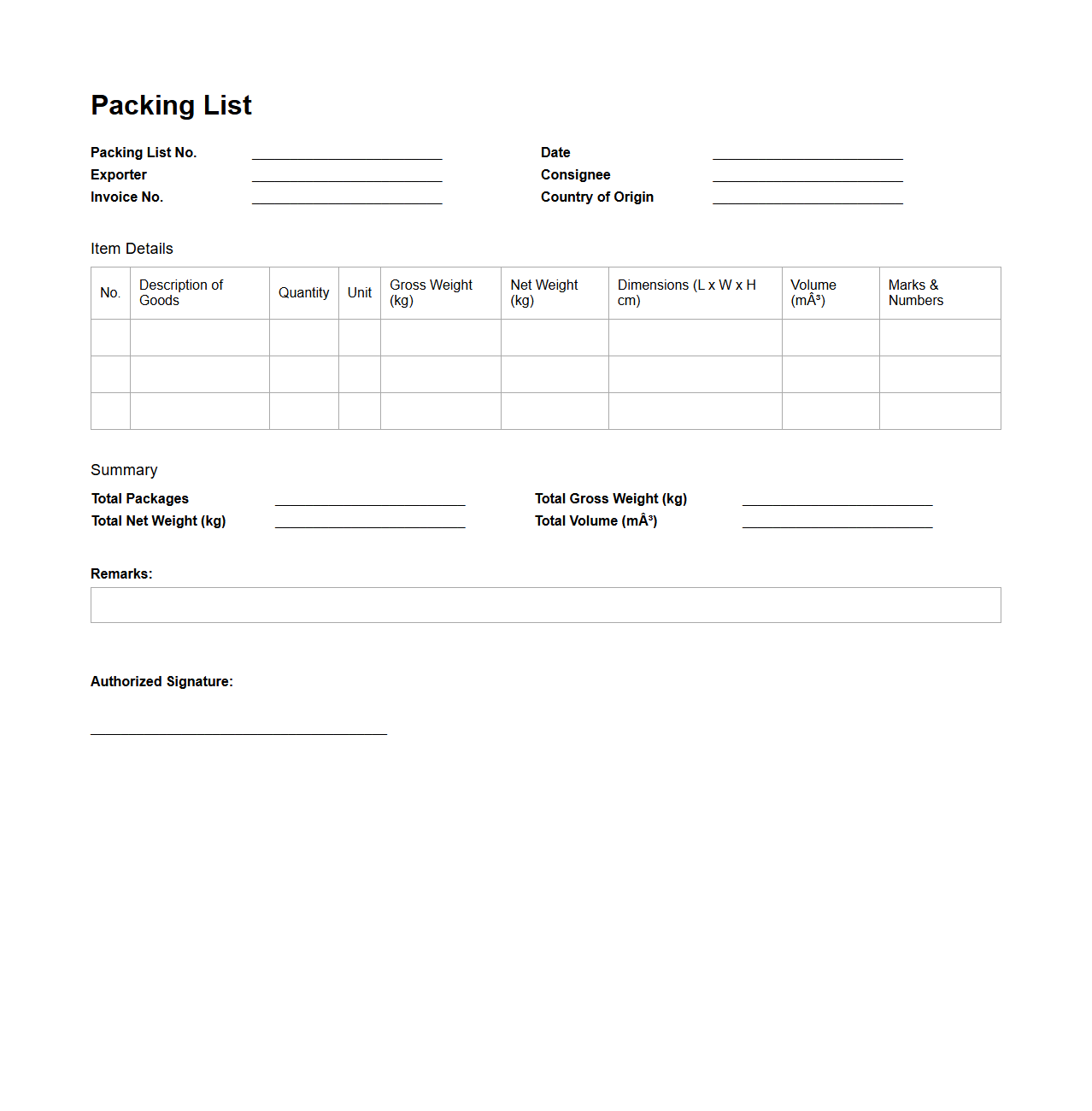 Packing List with Weight and Dimension Details