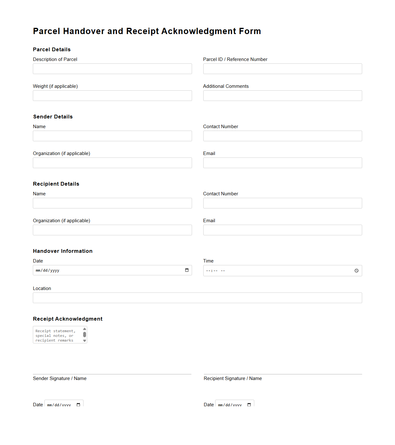Parcel Handover and Receipt Acknowledgment Form