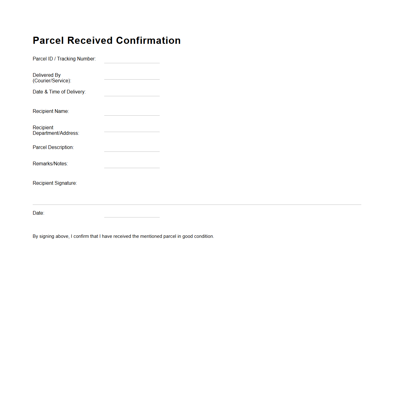 Parcel Received Confirmation Format
