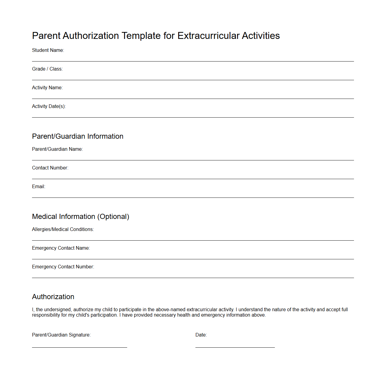 Parent Authorization Template for Extracurricular Activities