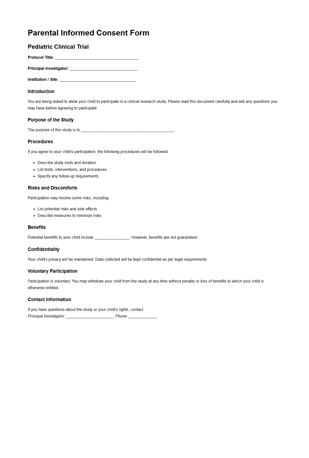 Parental Informed Consent Form for Pediatric Clinical Trials