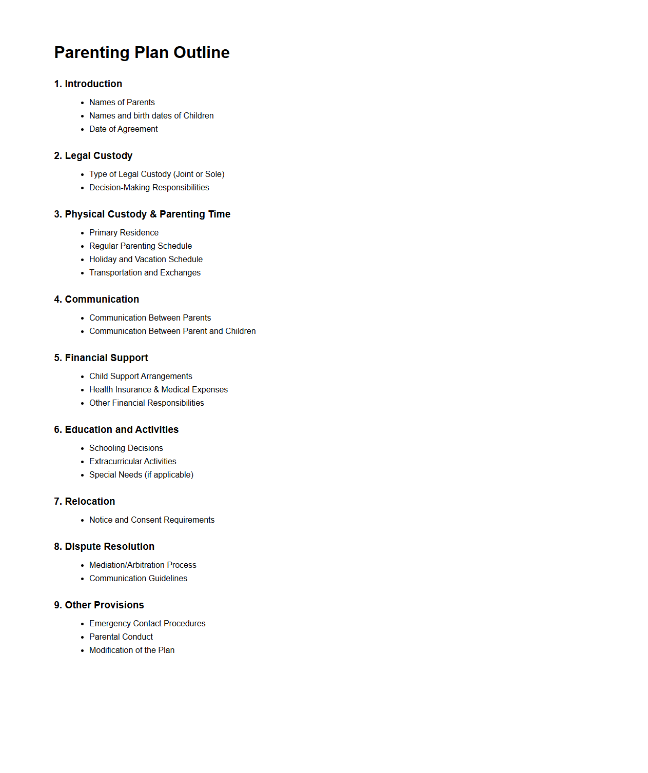 Parenting Plan Outline for Divorce Petition