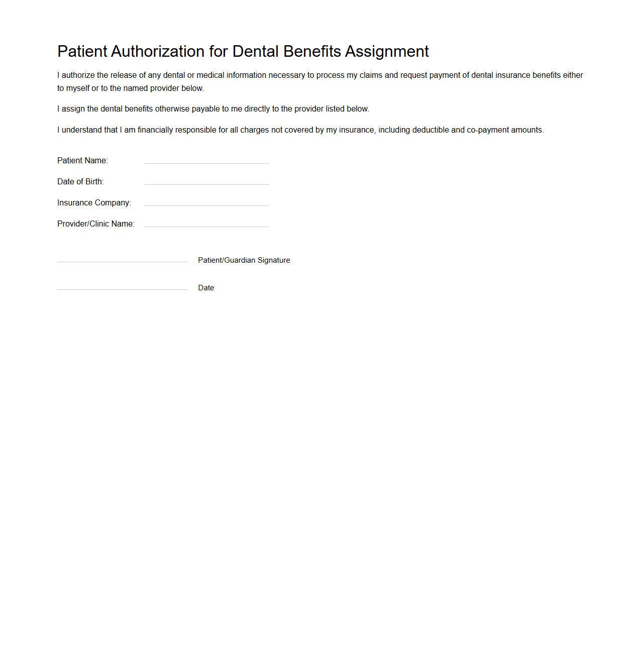 Patient Authorization for Dental Benefits Assignment