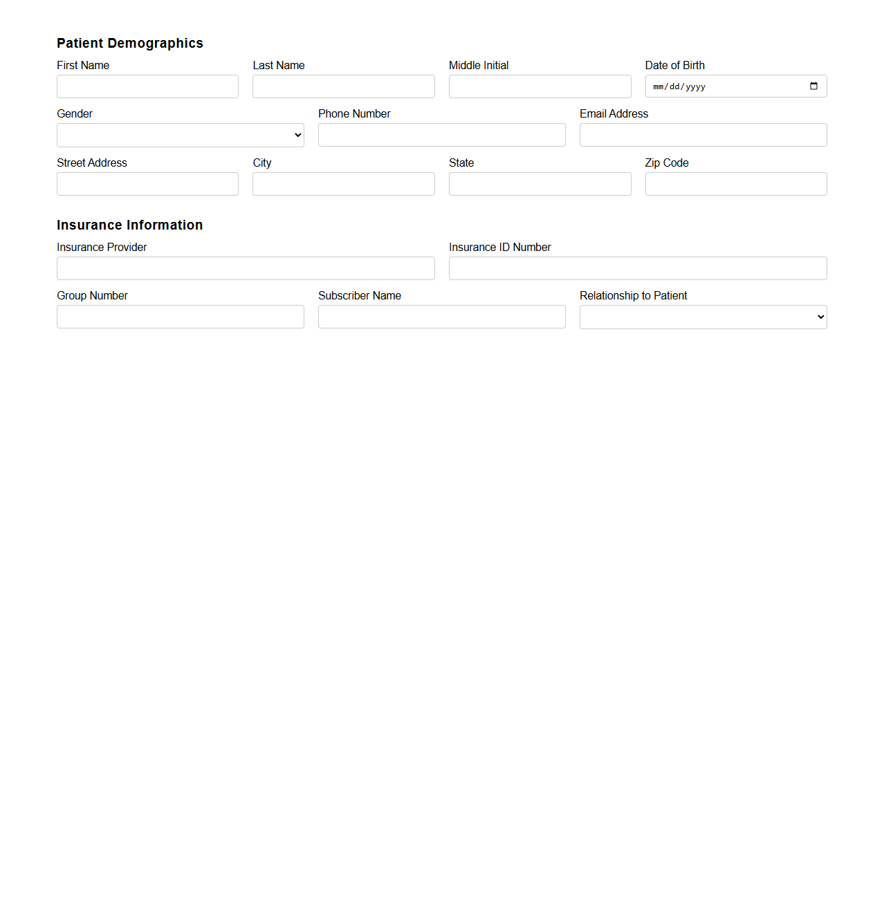 Patient Demographics and Insurance Registration Document Example