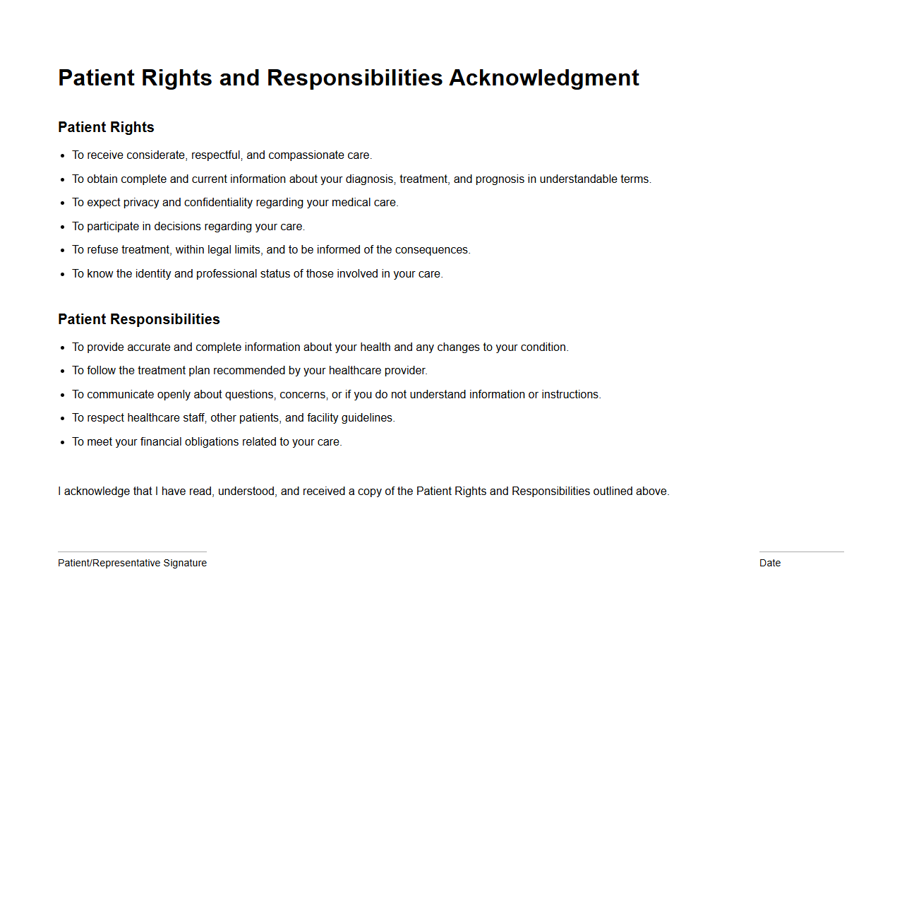 Patient Rights and Responsibilities Acknowledgment