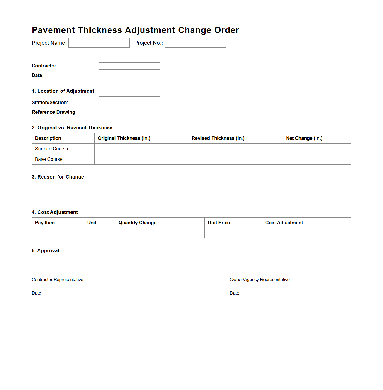 Pavement Thickness Adjustment Change Order Sample