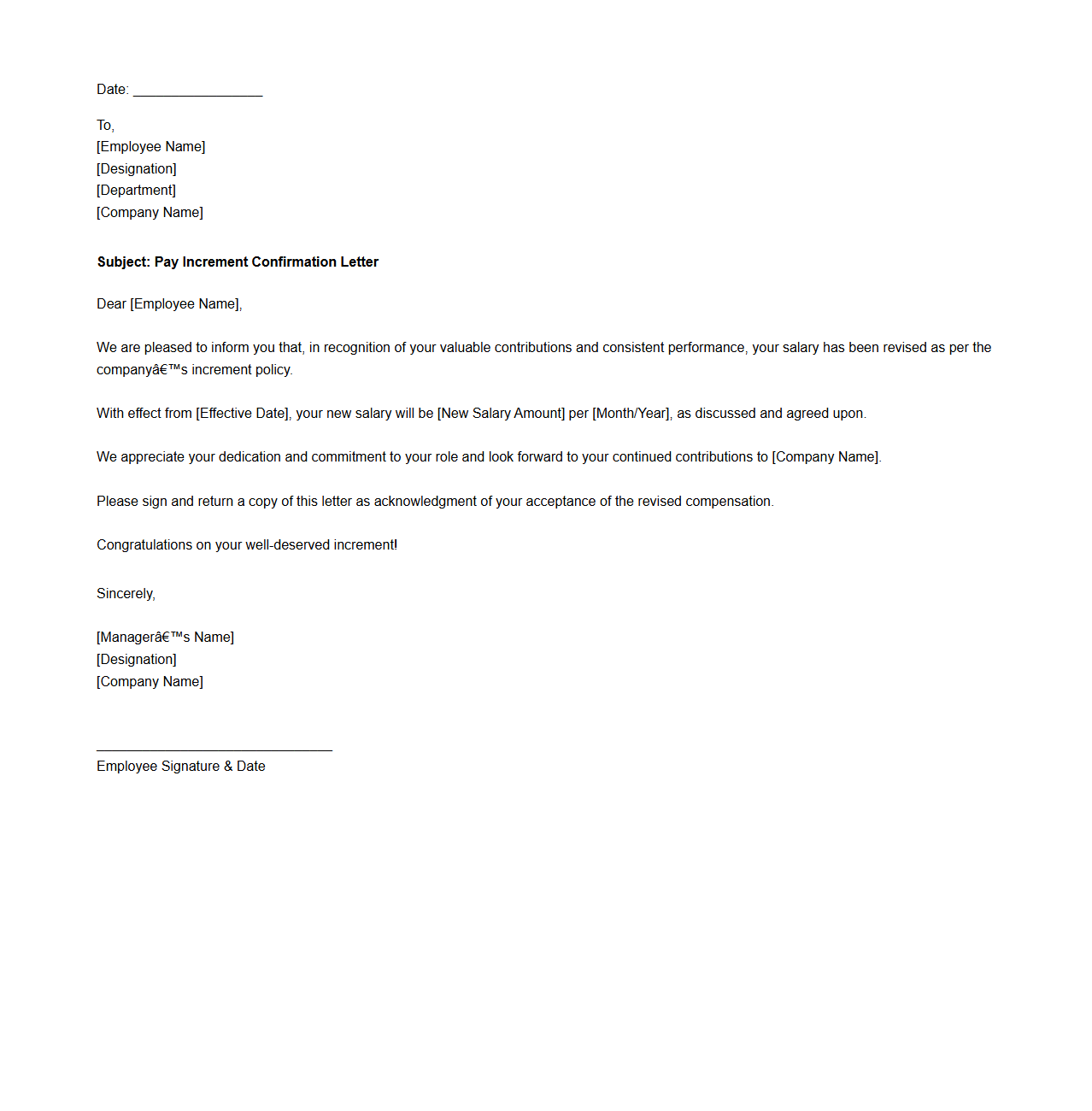 Pay Increment Confirmation Letter to Employee