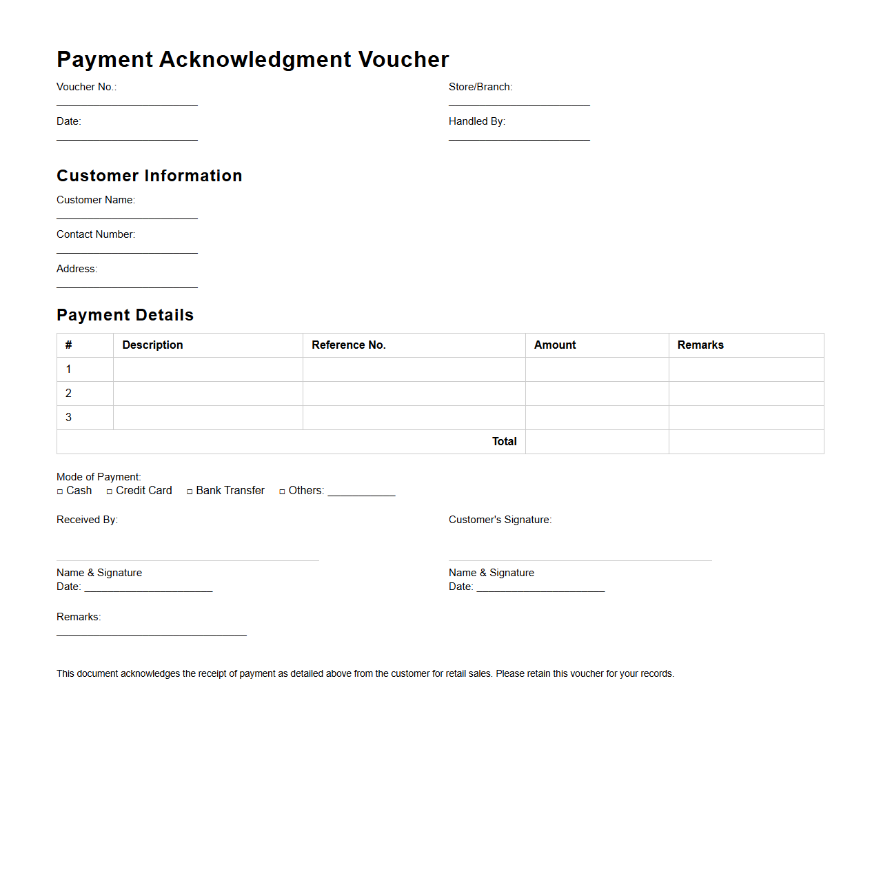 Payment Acknowledgment Voucher for Retail Sales