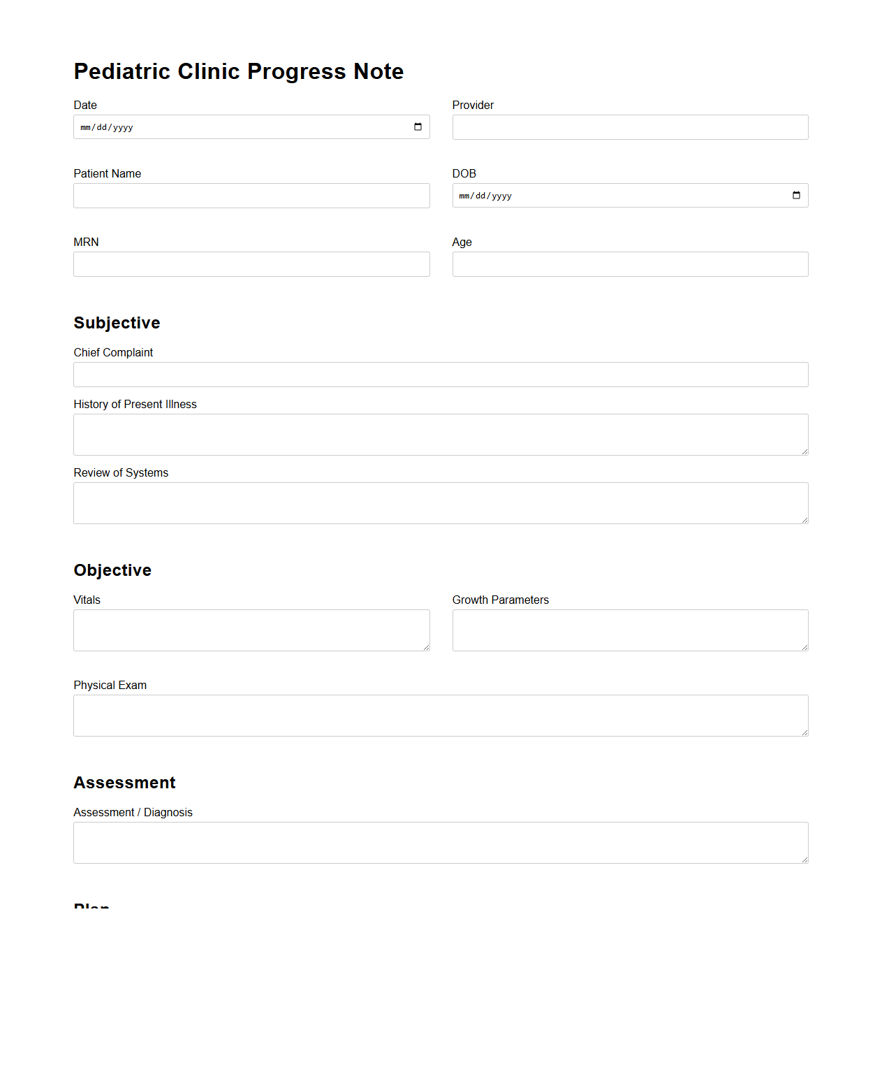 Pediatric Clinic Progress Note Layout