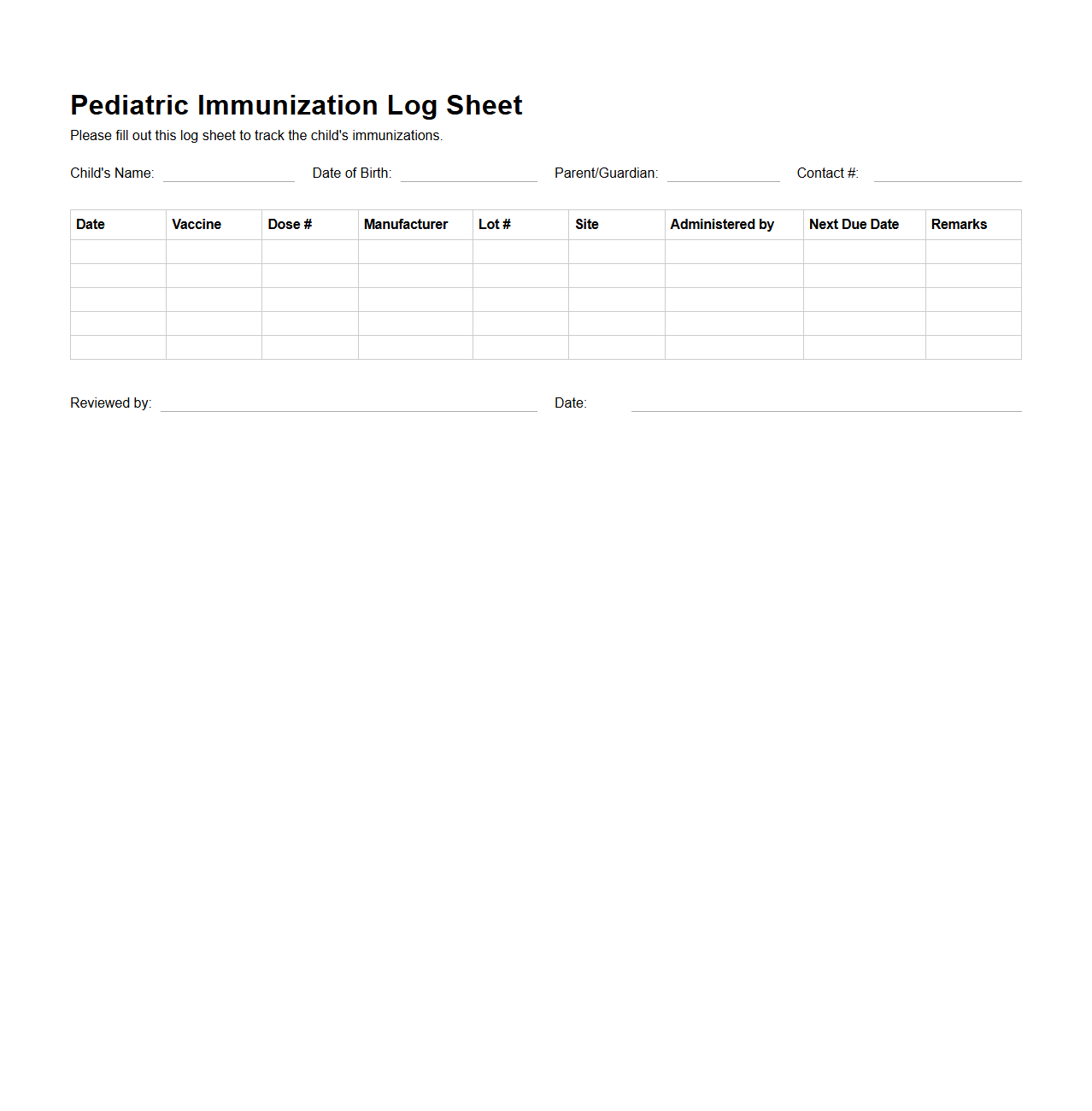 Pediatric Immunization Log Sheet Sample