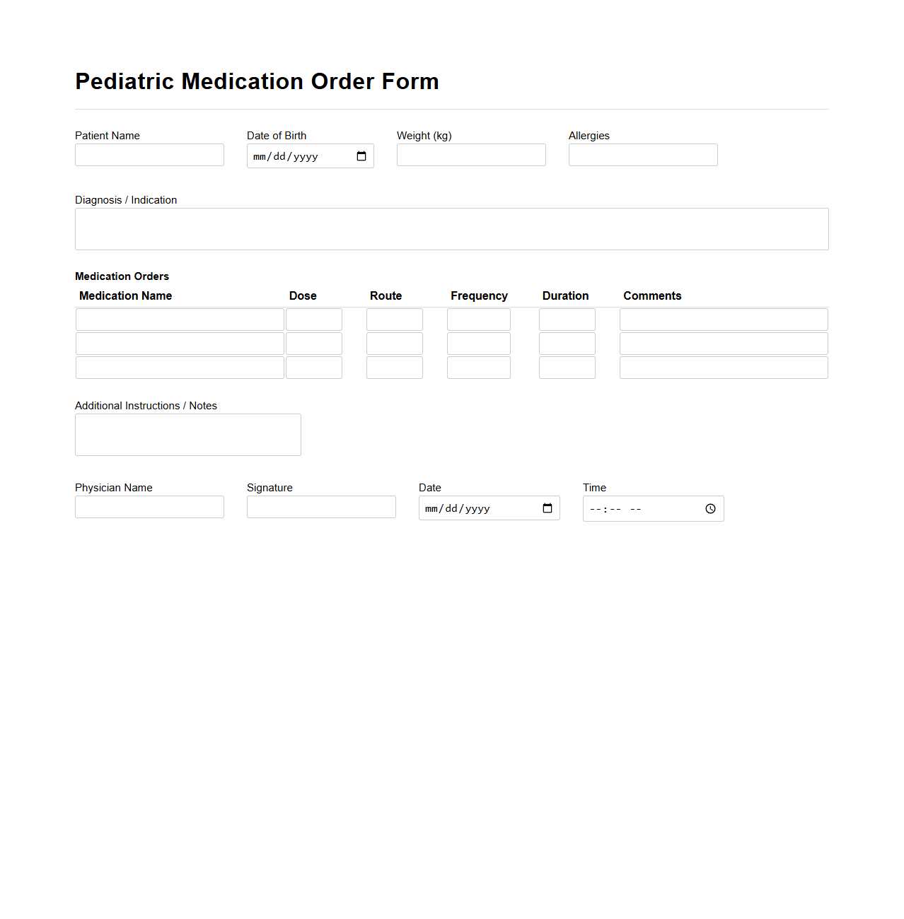 Pediatric Medication Order Form Sample