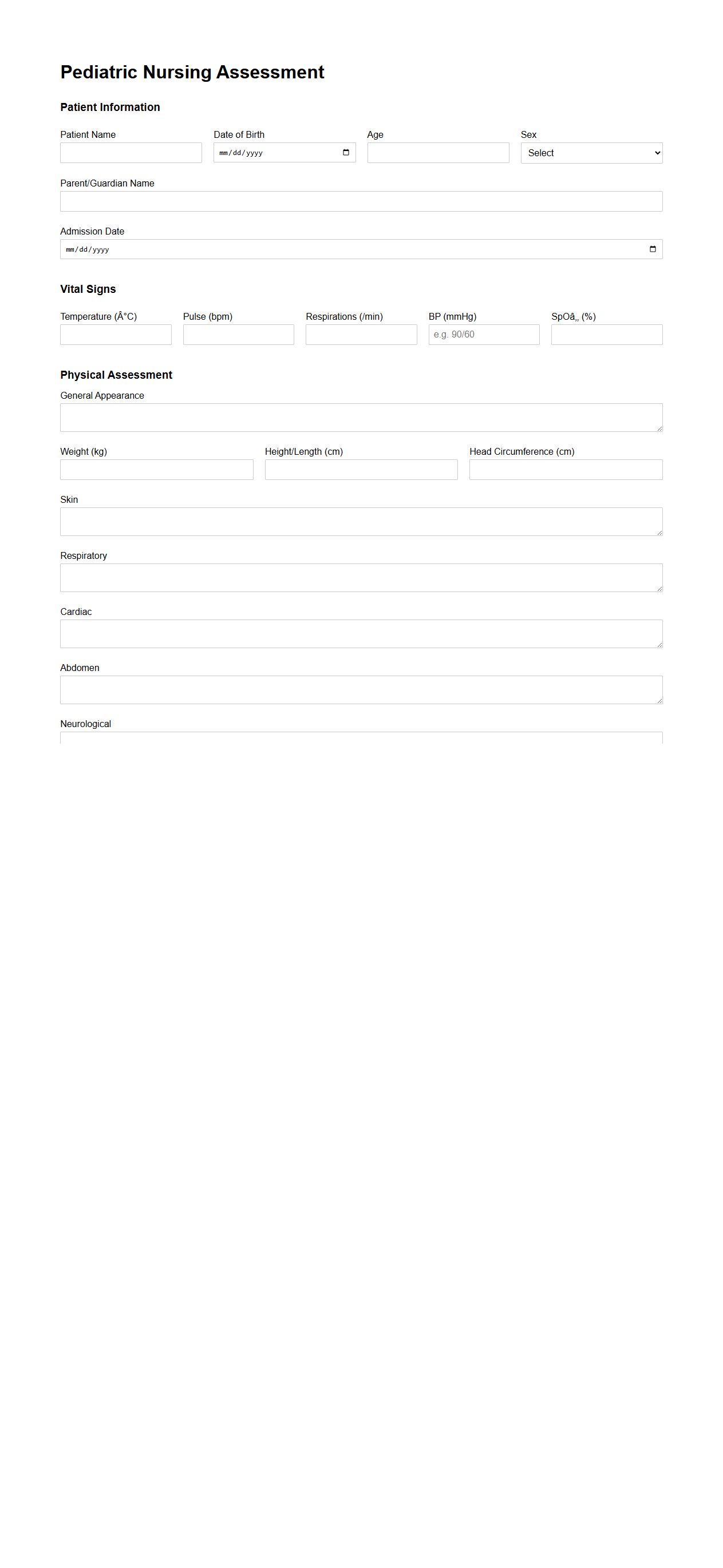 Pediatric Nursing Assessment Template