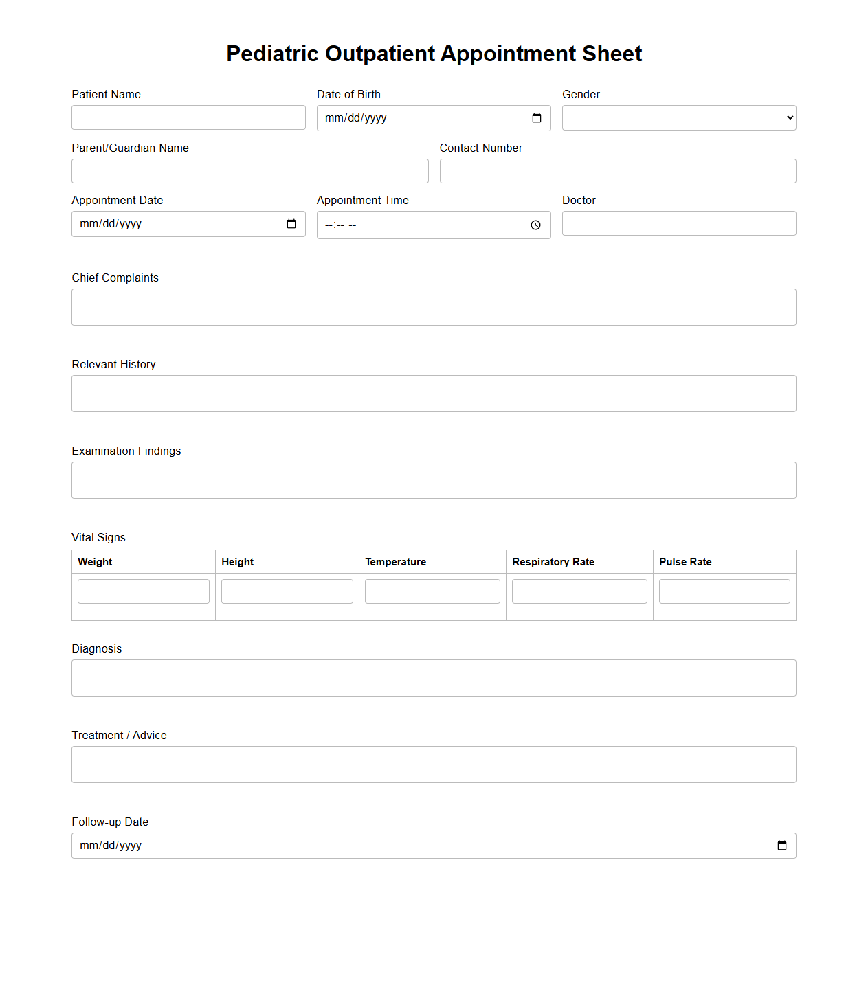 Pediatric Outpatient Appointment Sheet
