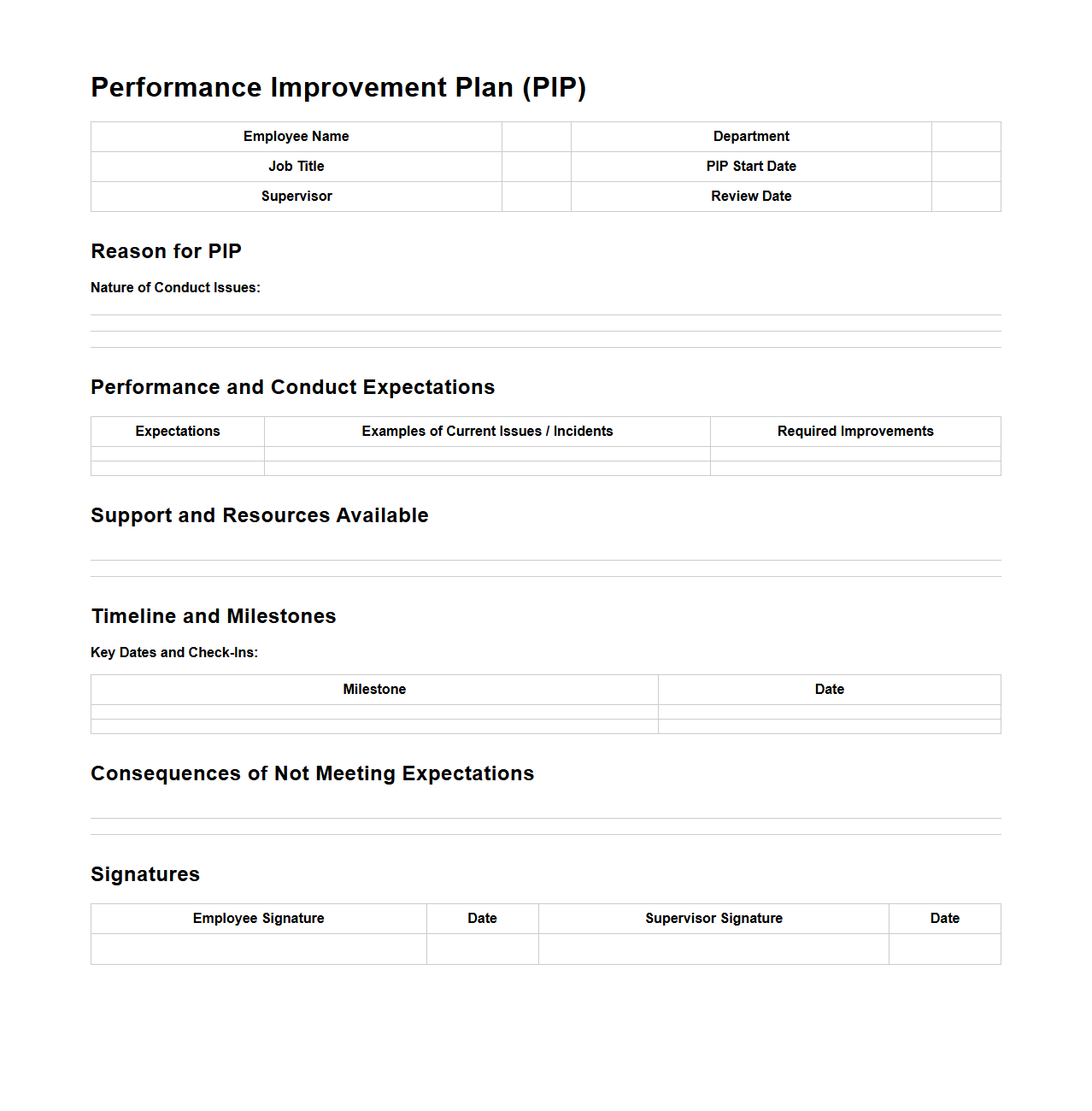 Performance Improvement Plan for Conduct Issues
