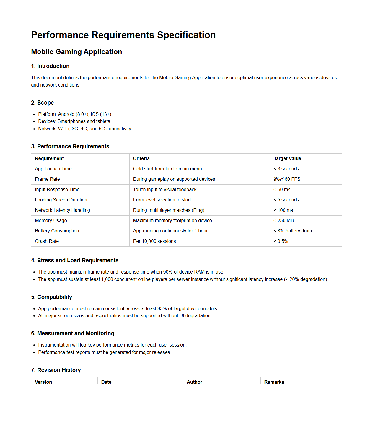Performance Requirements Specification for Mobile Gaming Application