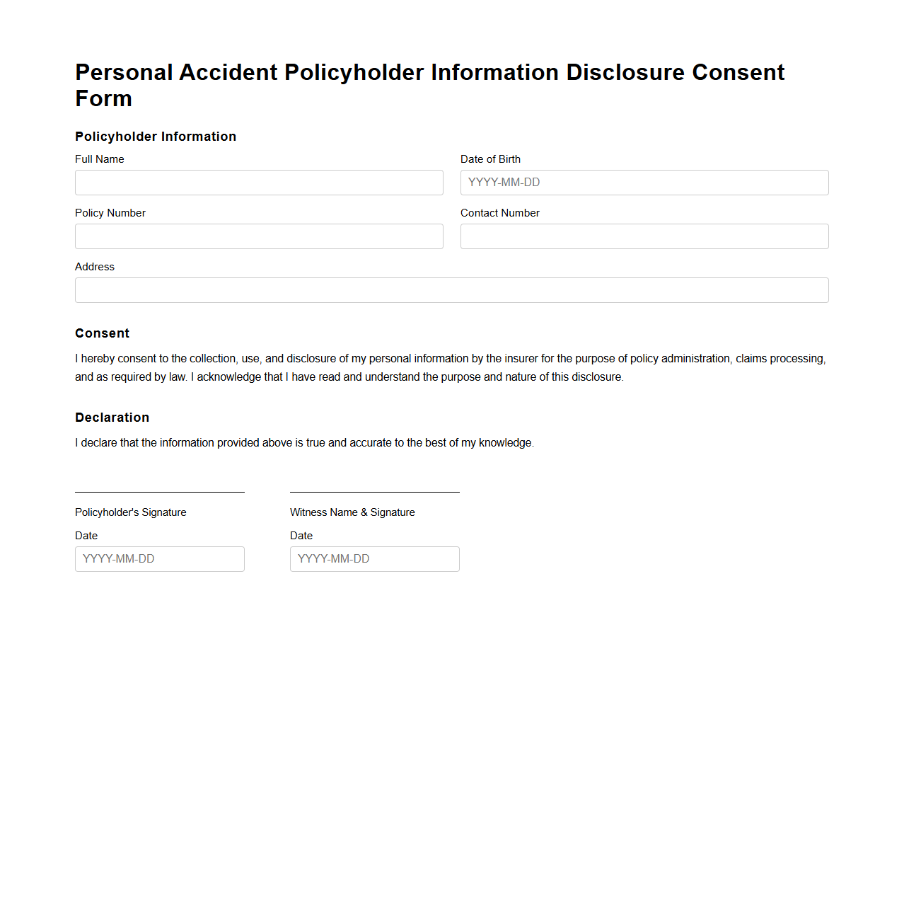 Personal Accident Policyholder Information Disclosure Consent Form