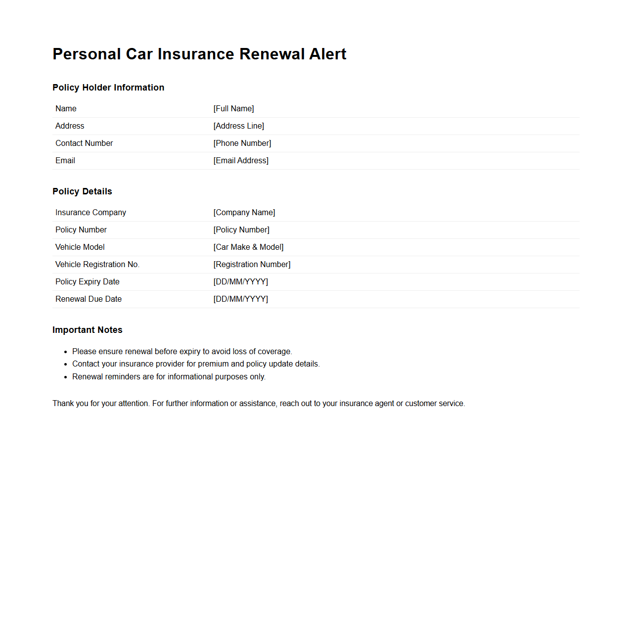 Personal Car Insurance Renewal Alert Document
