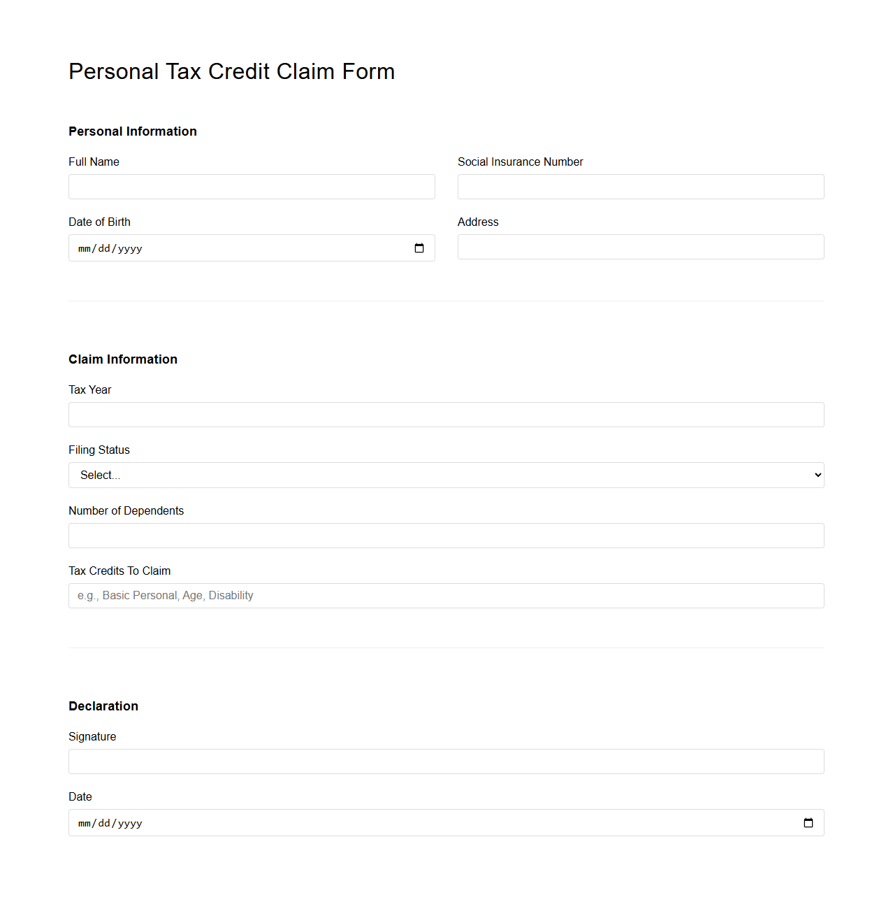 Personal Tax Credit Claim Form Sample