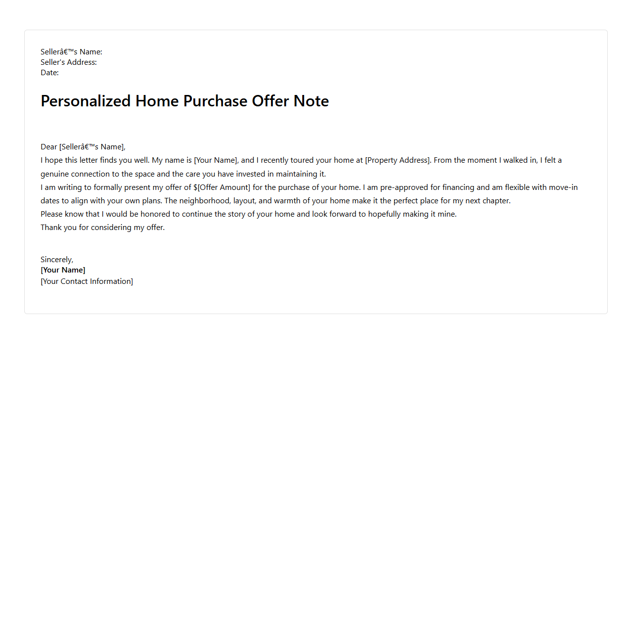 Personalized Home Purchase Offer Note