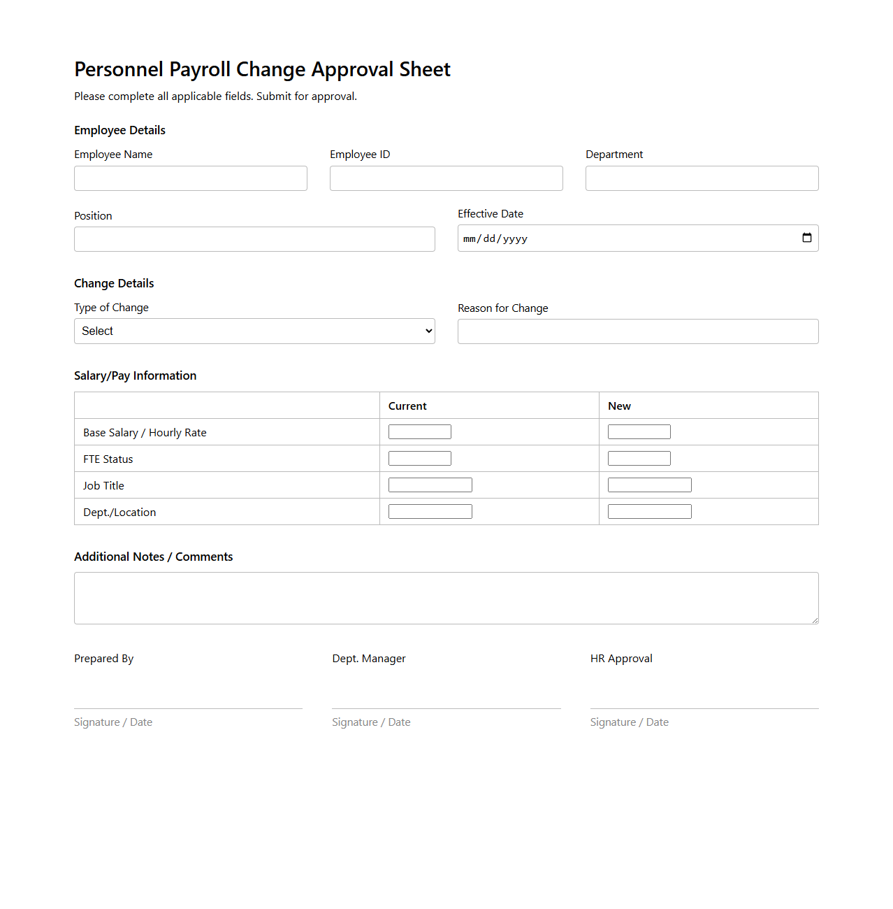 Personnel Payroll Change Approval Sheet