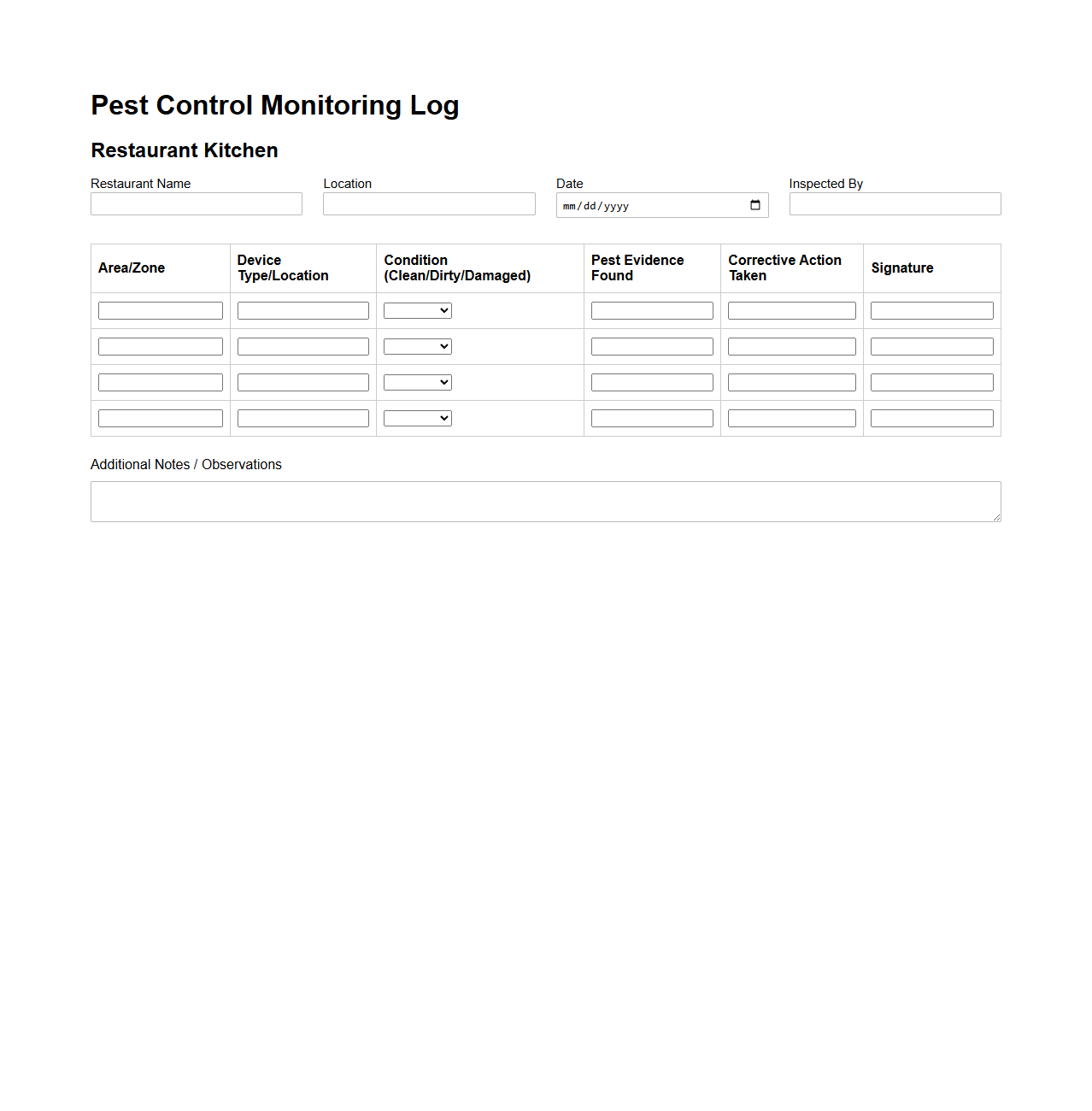 Pest Control Monitoring Log for Restaurant Kitchens