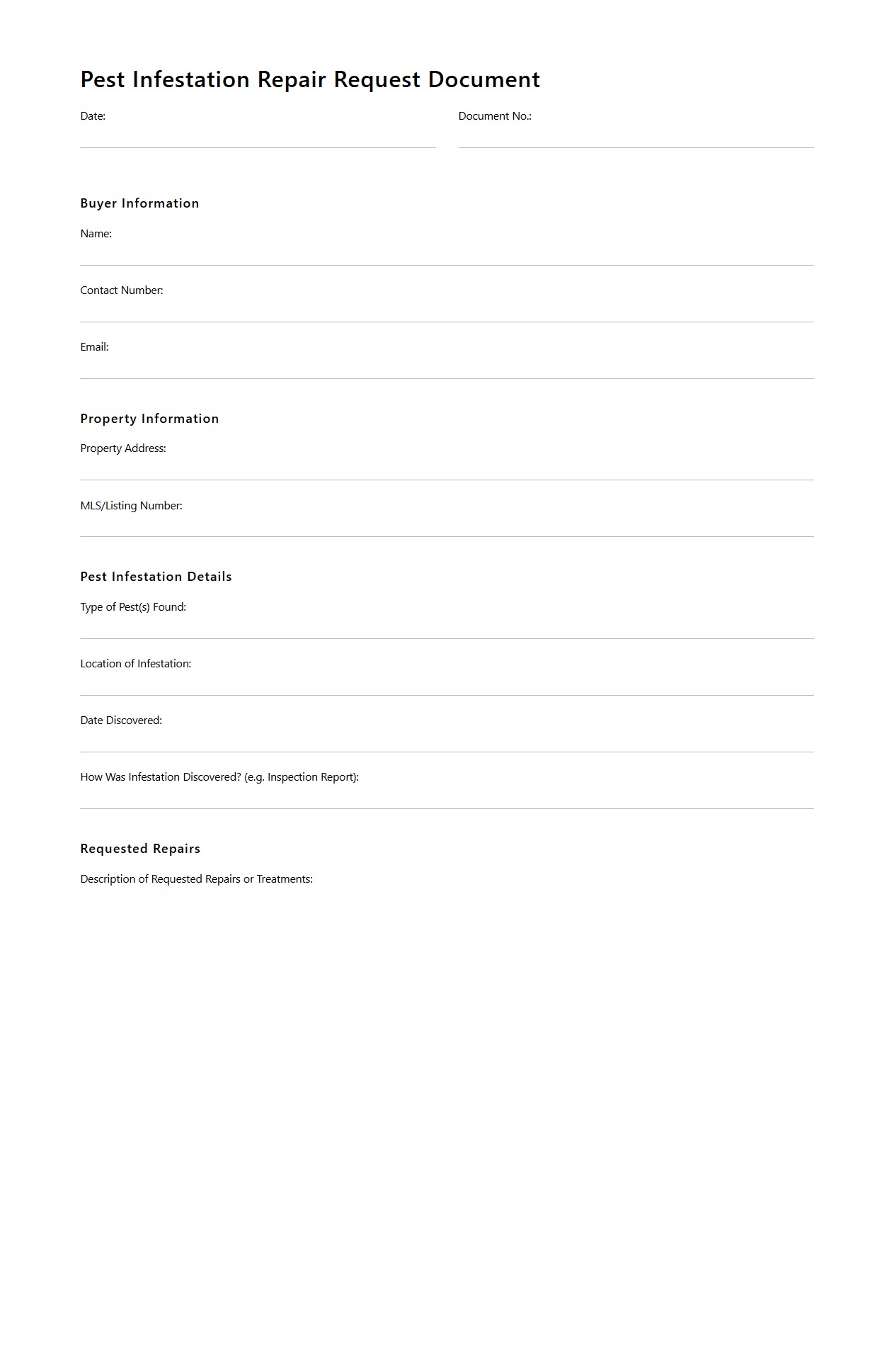 Pest Infestation Repair Request Document for Home Acquisition