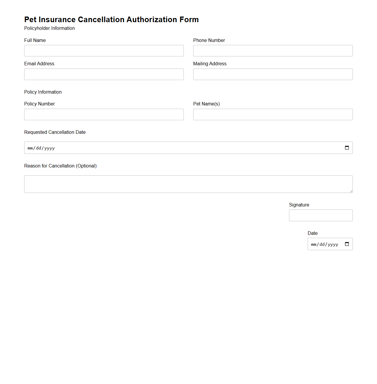Pet Insurance Cancellation Authorization Form