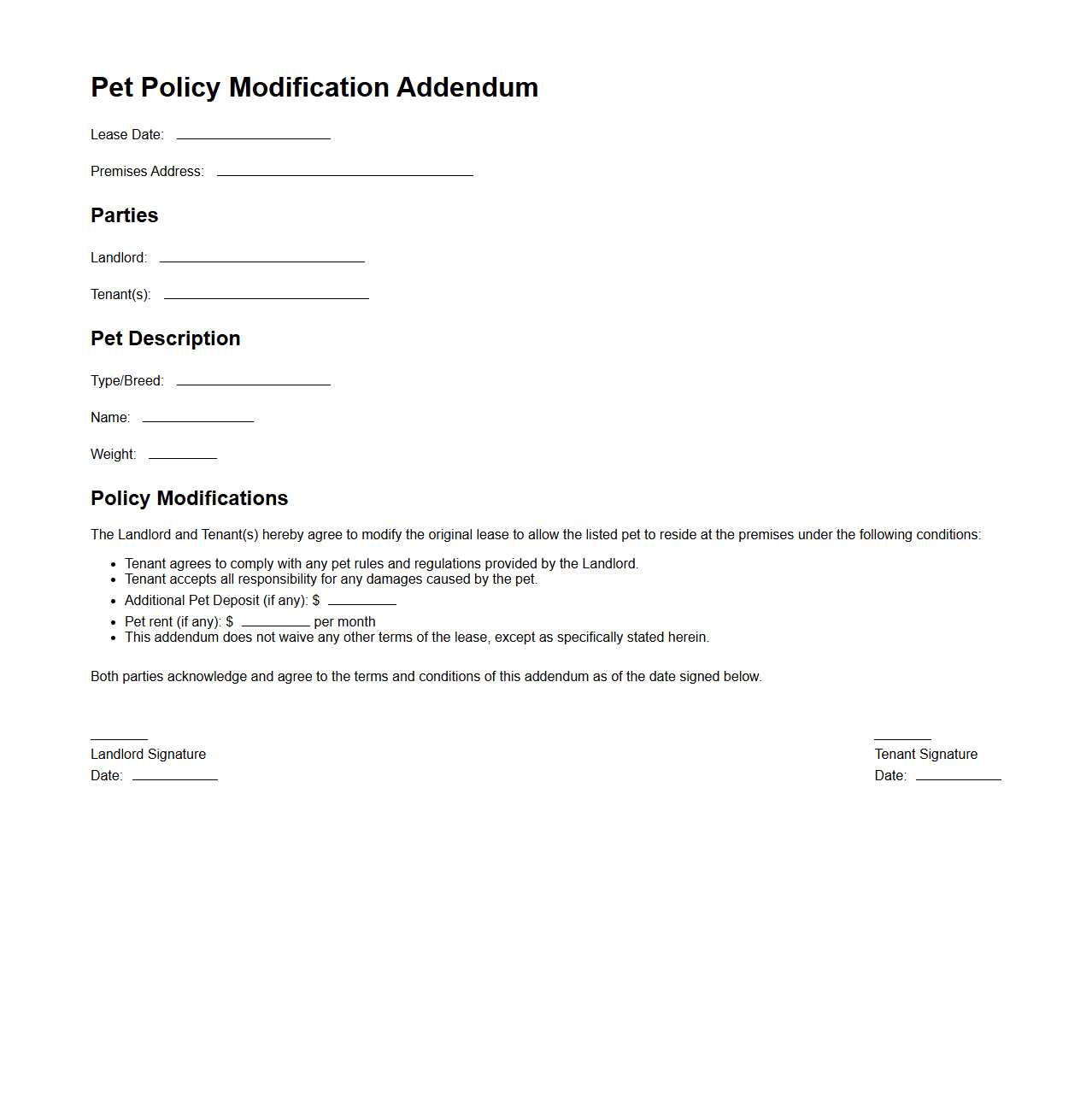 Pet Policy Modification Addendum for Lease