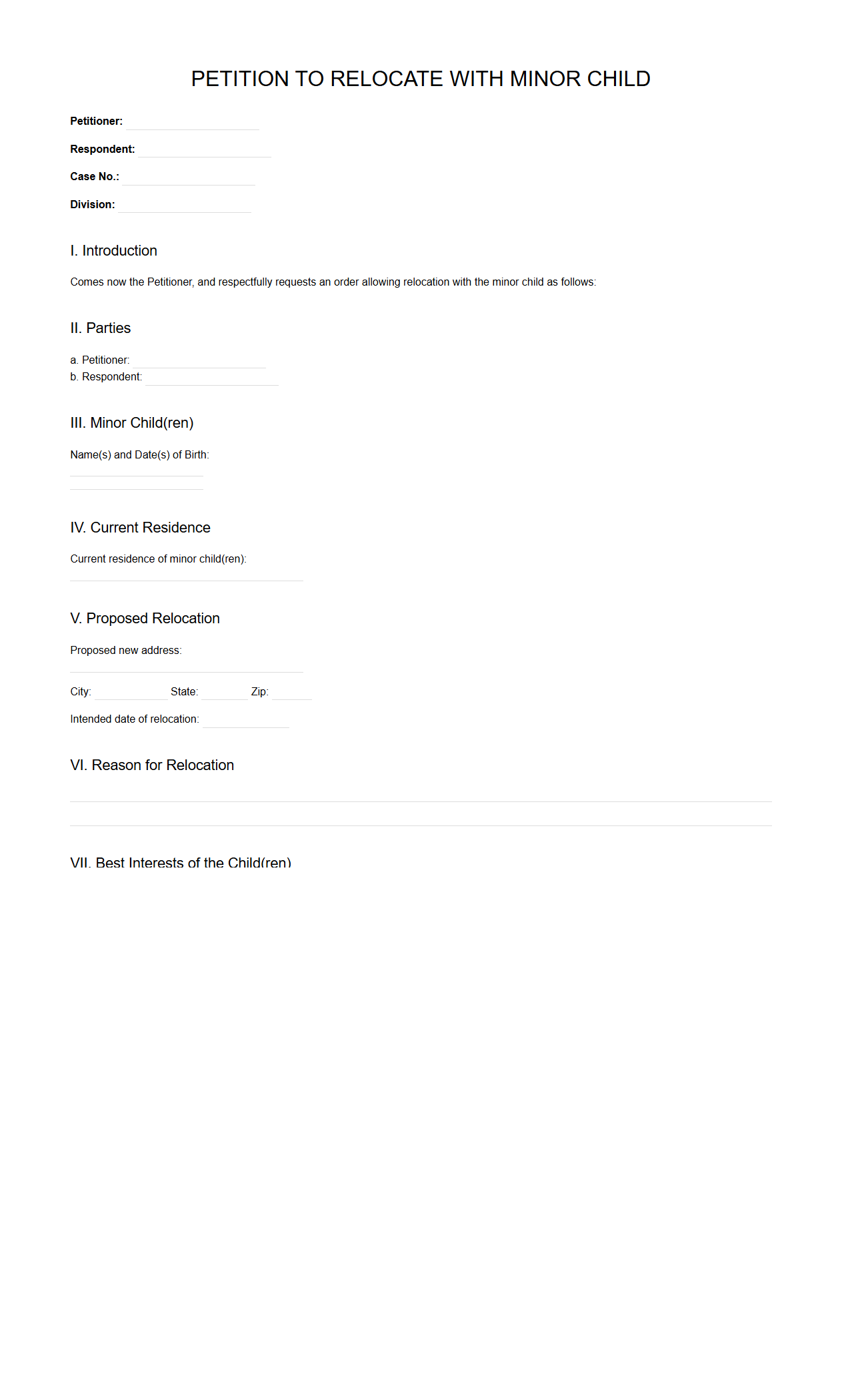 Petition to Relocate with Minor Child Sample