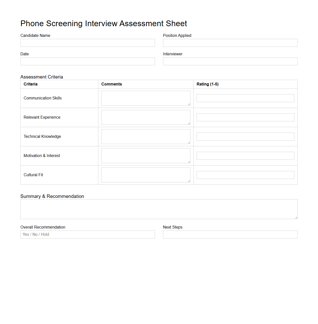 Phone Screening Interview Assessment Sheet