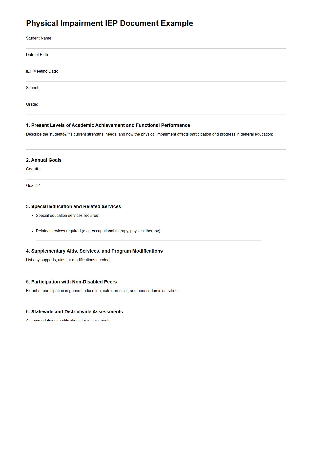 Physical Impairment IEP Document Example