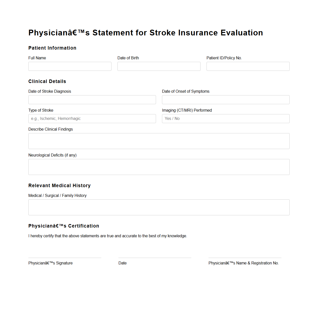 Physician’s Statement for Stroke Insurance Evaluation